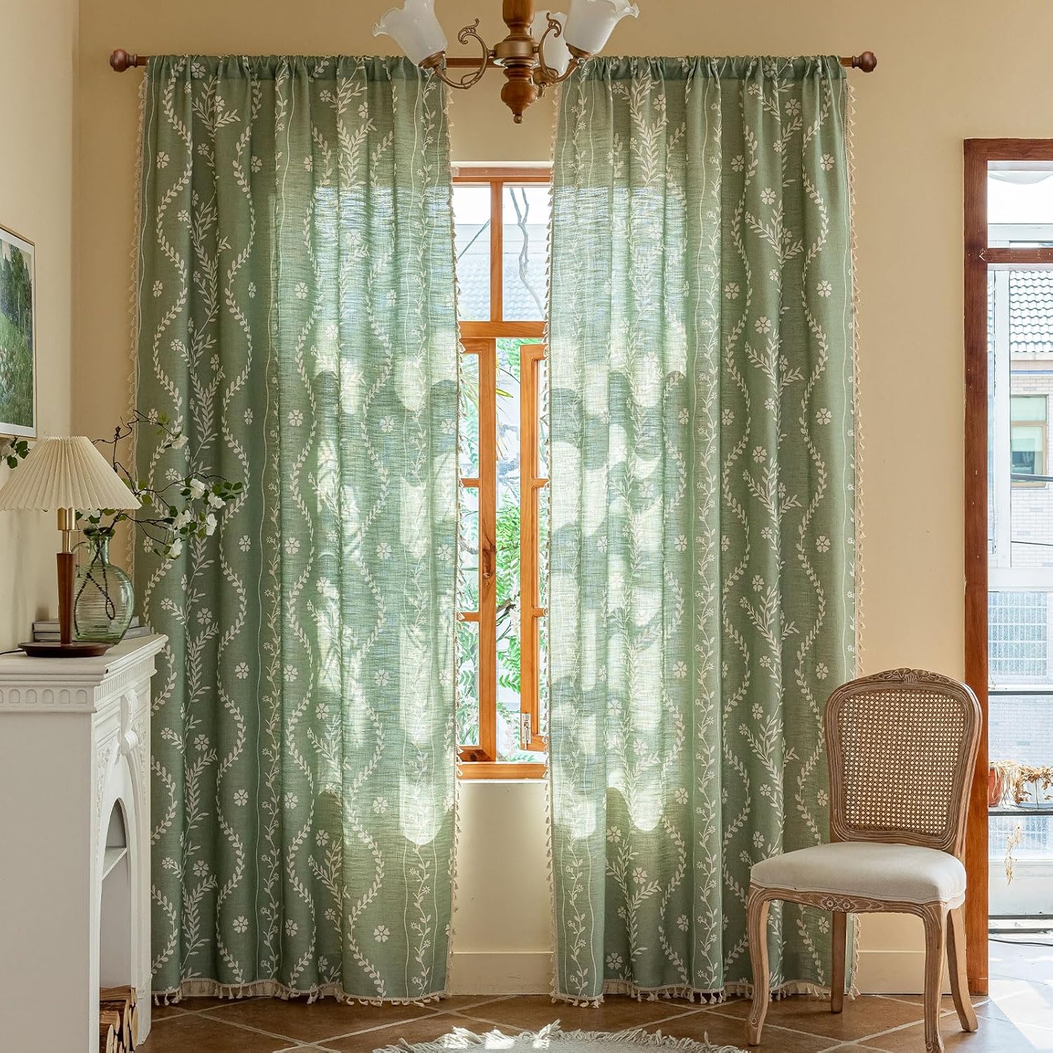 ENJOYBRIDAL Floral Bedroom Curtains 84 Inch Length 2 Panels Set Farmhouse Semi Sheer Living Room Drapes Cotton Linen Blend Bohemian Window Curtain Panels with Tassel Beige Rod Pocket Drapes