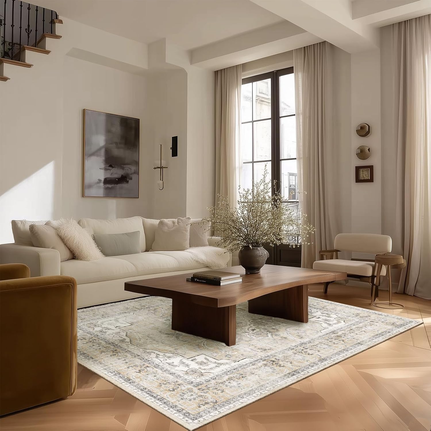 8x10 Area Rugs for Living Room: Washable Rug Stain Resistant Distressed Vintage Floral Rug Non Slip Low Pile Faux Wool Soft Large Area Rugs for Bedroom Bedside Farmhouse Dining Room Kids Nursery