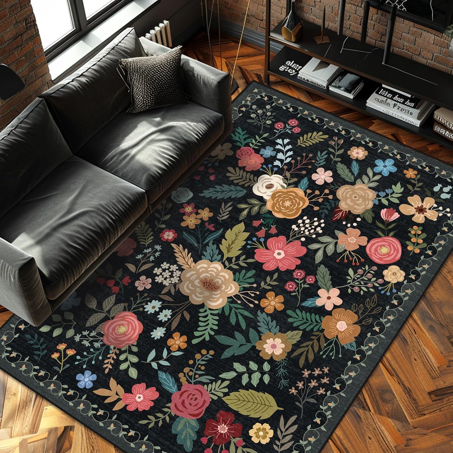 Vintage Beige Blue Living Room Rug, 8x10 Washable Area Rugs for Dining Room Under Table, Soft Low Pile Large Carpet Bedroom, Non-Slip Boho Floral (8 x 10 Beige Blue)