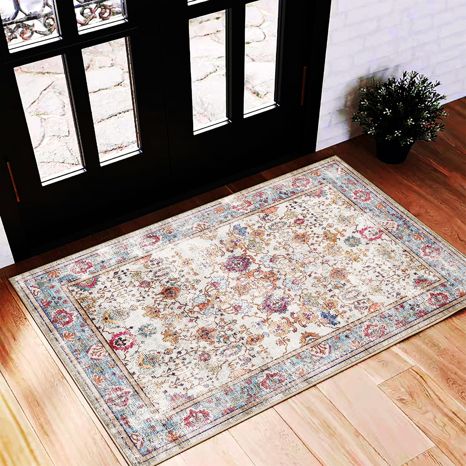 Area Rug 8x10 Washable Rug Brown Vintage Traditional Mat Distressed Indoor Foldable Thin Retro Accent Floral Non Slip Carpet Living Room Dining Room Office