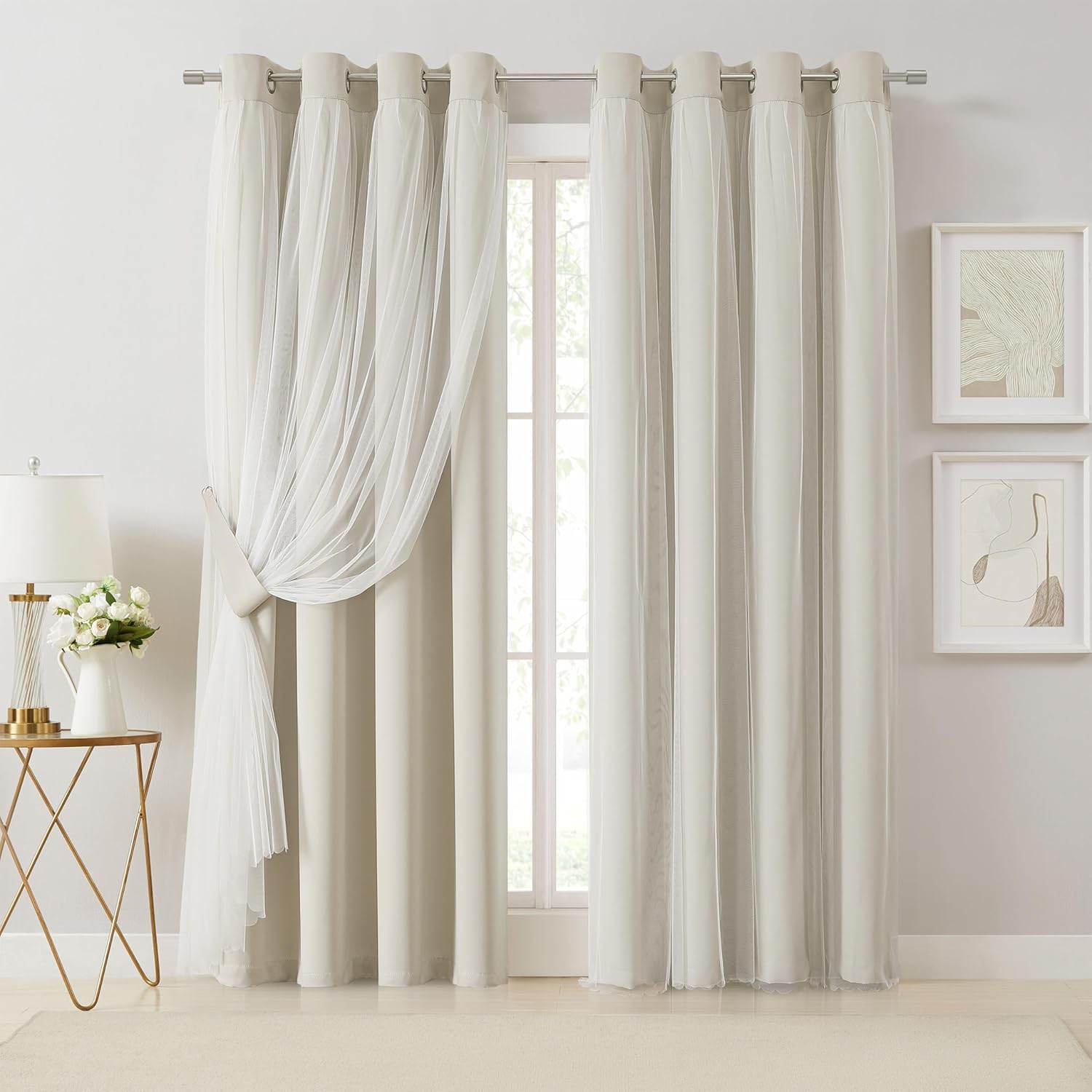 Bujasso Beige 90% Blackout Curtains with Sheer Overlay Mix and Match Double Layer Thermal Insulated Window Panels 84 inch for Living Room Bedroom Beige Drapes with Tiebacks Grommet Top 37" Wx84 Lx2