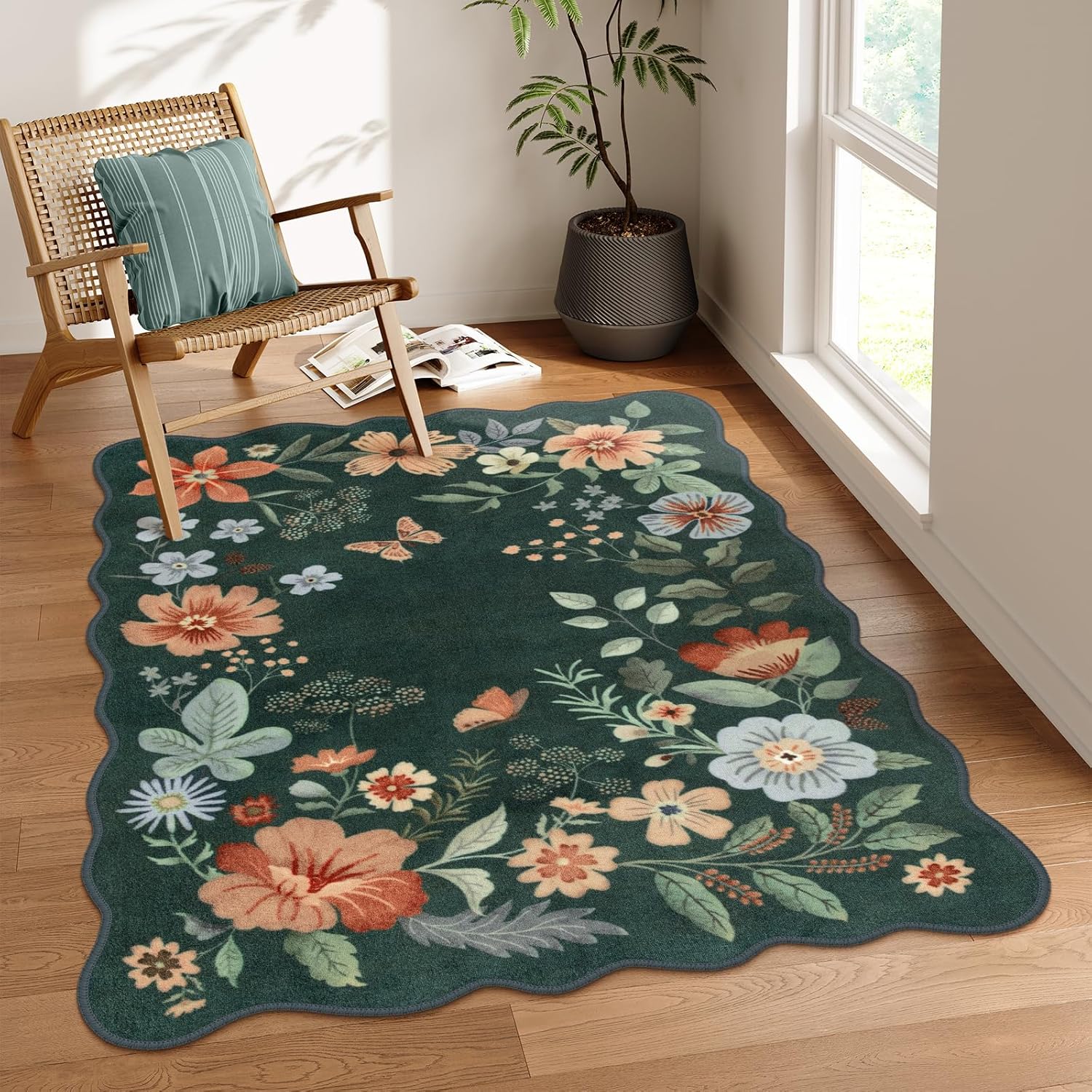 Lahome Floral Washable Rugs 8x10, Non-Slip Soft Green Rug Stain Resistant, Ultra-Thin 8x10 Rugs for Living Room Easy Clean Boho Accent Carpet for Dining Room Office(8x10ft,Green)
