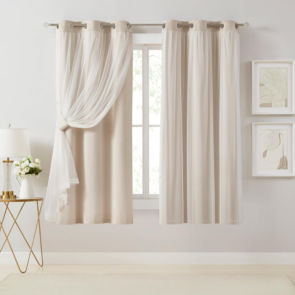 Bujasso Beige 90% Blackout Curtains with Sheer Overlay Mix and Match Double Layer Thermal Insulated Window Panels 84 inch for Living Room Bedroom Beige Drapes with Tiebacks Grommet Top 37" Wx84 Lx2