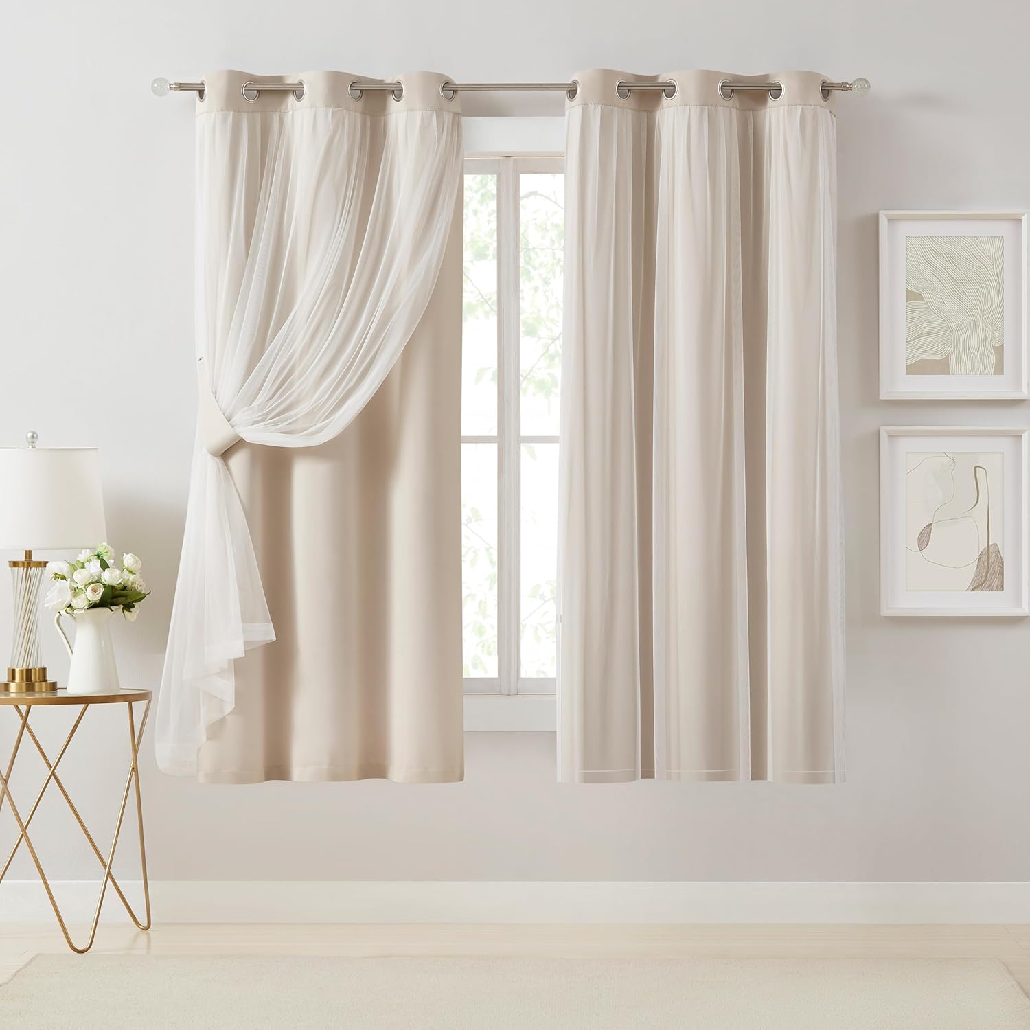 Bujasso Beige 90% Blackout Curtains with Sheer Overlay Mix and Match Double Layer Thermal Insulated Window Panels 84 inch for Living Room Bedroom Beige Drapes with Tiebacks Grommet Top 37" Wx84 Lx2