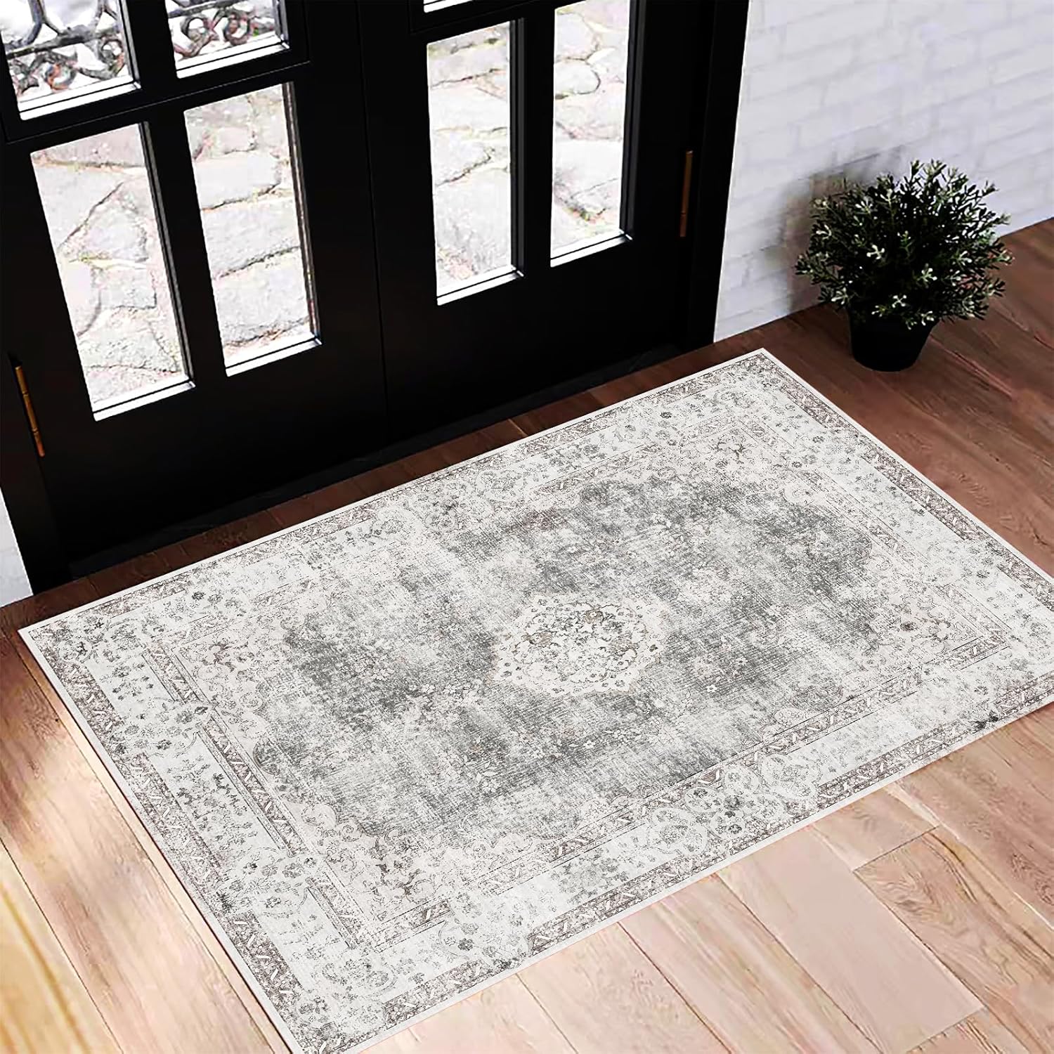 Area Rug 8x10 Washable Rug Brown Vintage Traditional Mat Distressed Indoor Foldable Thin Retro Accent Floral Non Slip Carpet Living Room Dining Room Office