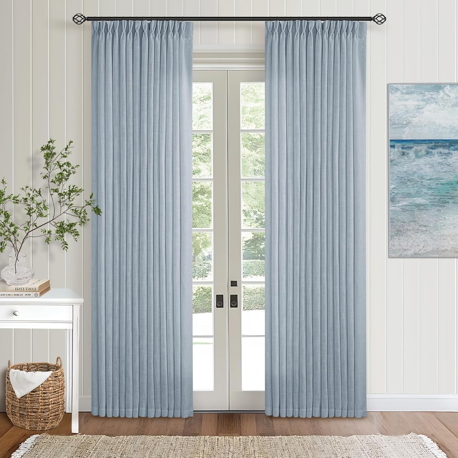 Natural Pinch Pleated Linen Curtains 84 Inch Length 2 Panels for Living Room Bedroom Textured Cream Ivory Birch Semi Sheer Boho Neutral Back Tab Pinch Pleat Hooks Rings Window Curtain 84 Inches Long