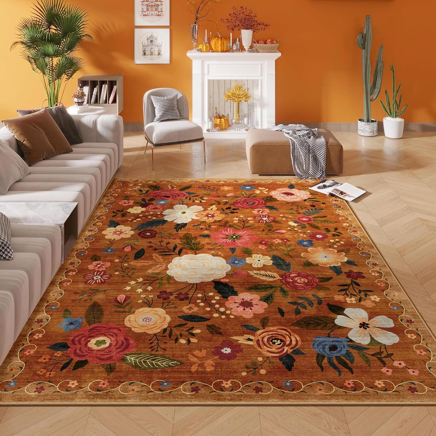 8x10 Washable Area Rug for Living Room, Floral Non-Slip Non-Shedding & Easy Care, Large Soft Low Pile Indoor Floor Carpet for Living Room, Bedroom, Farmhouse, Dining Room, Kids Playroom, Pink