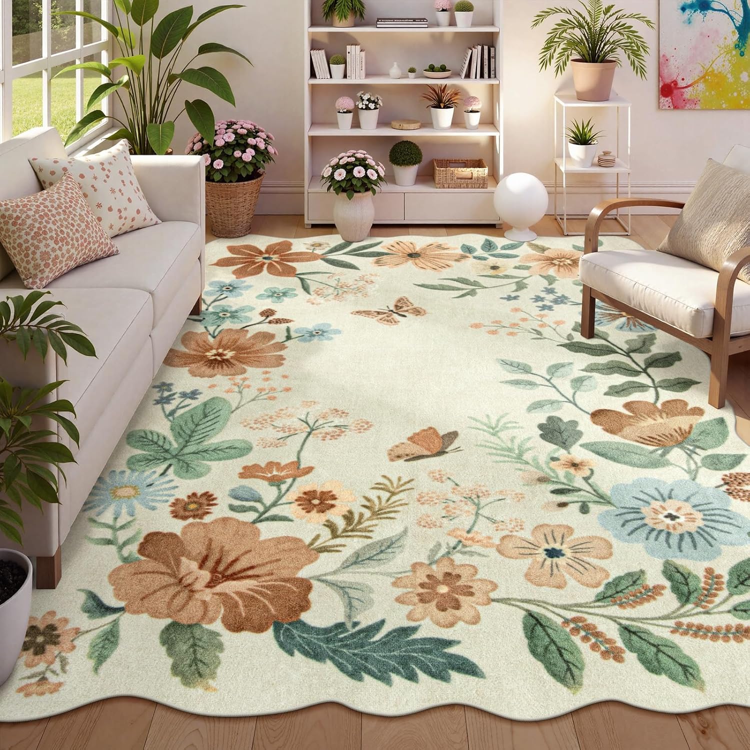 Lahome Floral Washable Rugs 8x10, Non-Slip Soft Green Rug Stain Resistant, Ultra-Thin 8x10 Rugs for Living Room Easy Clean Boho Accent Carpet for Dining Room Office(8x10ft,Green)