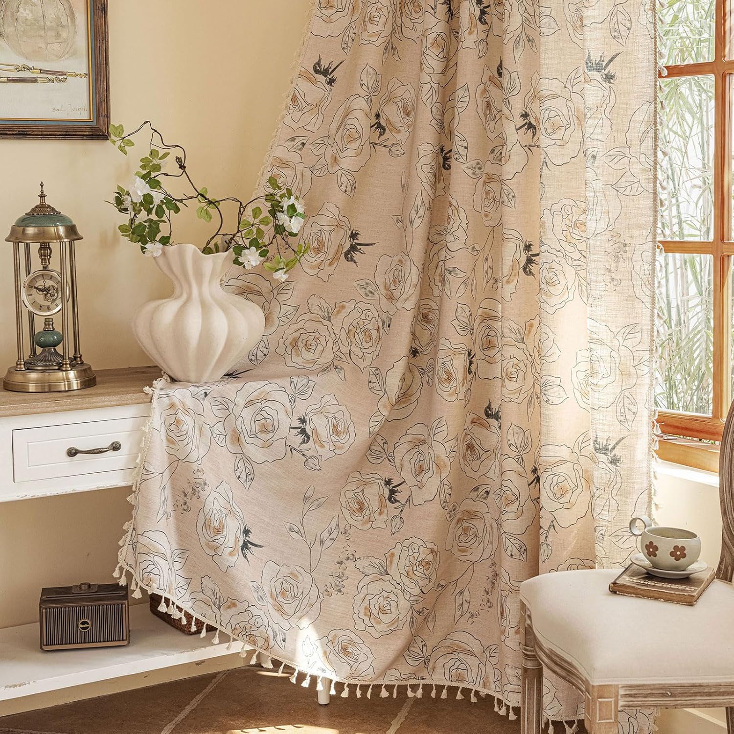 ENJOYBRIDAL Floral Bedroom Curtains 84 Inch Length 2 Panels Set Farmhouse Semi Sheer Living Room Drapes Cotton Linen Blend Bohemian Window Curtain Panels with Tassel Beige Rod Pocket Drapes