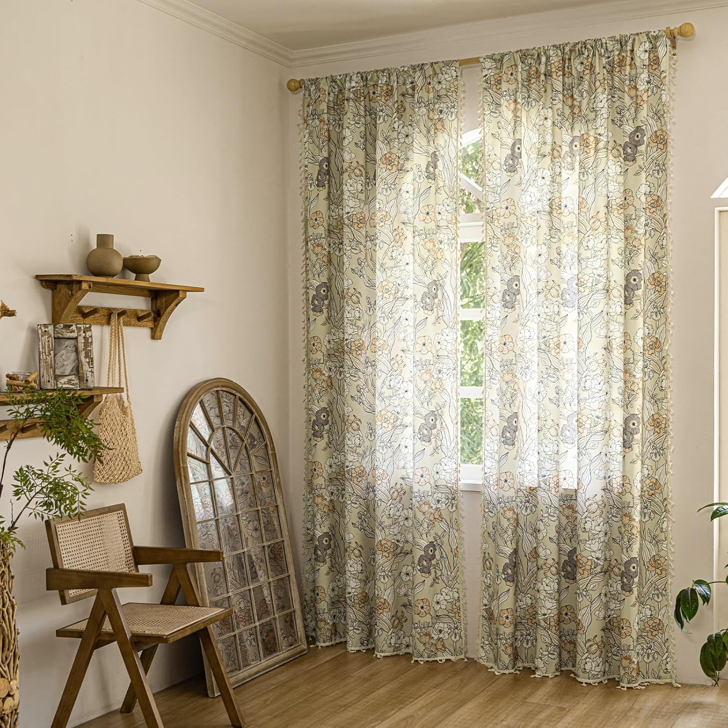 ENJOYBRIDAL Floral Bedroom Curtains 84 Inch Length 2 Panels Set Farmhouse Semi Sheer Living Room Drapes Cotton Linen Blend Bohemian Window Curtain Panels with Tassel Beige Rod Pocket Drapes
