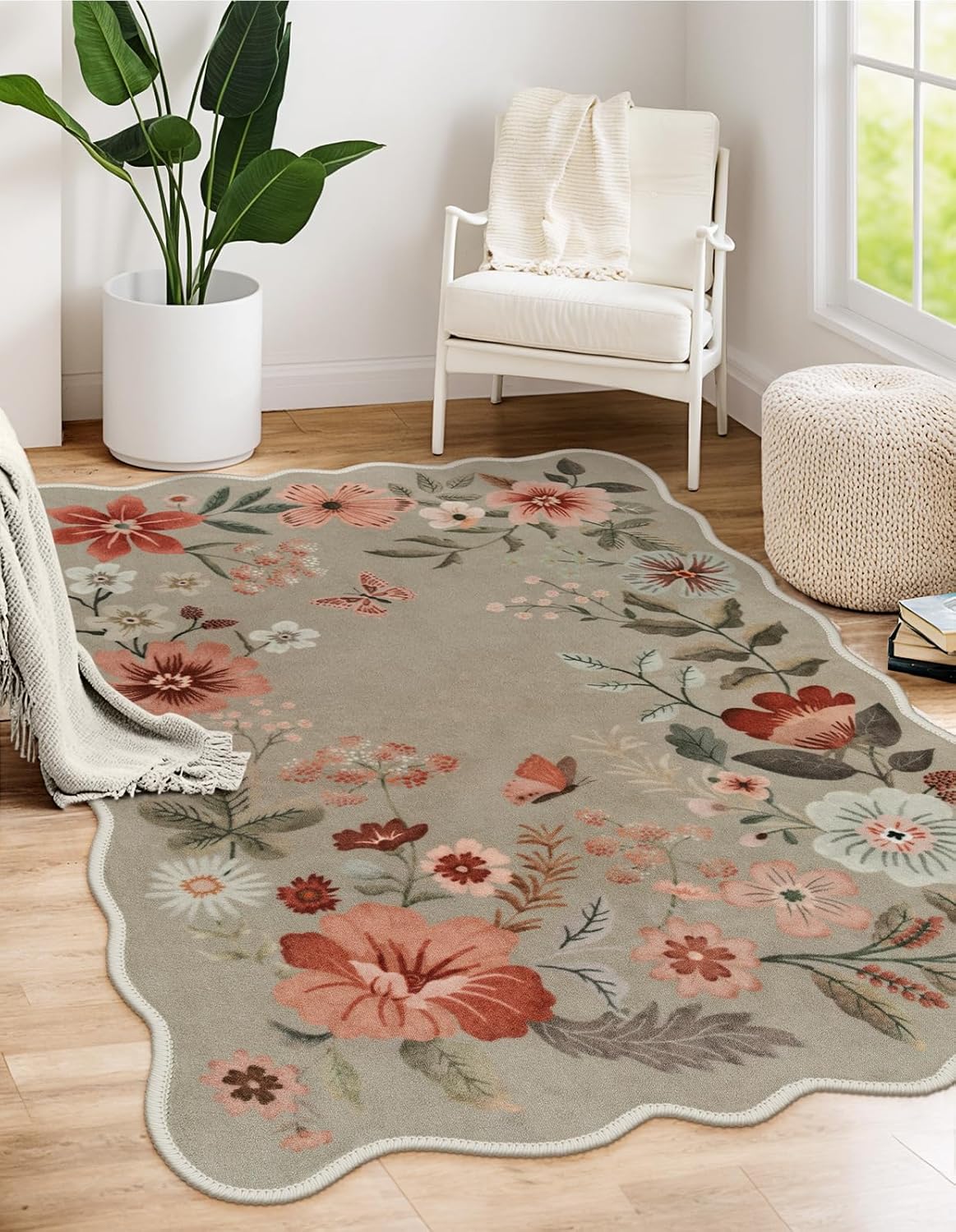 Lahome Floral Washable Rugs 8x10, Non-Slip Soft Green Rug Stain Resistant, Ultra-Thin 8x10 Rugs for Living Room Easy Clean Boho Accent Carpet for Dining Room Office(8x10ft,Green)