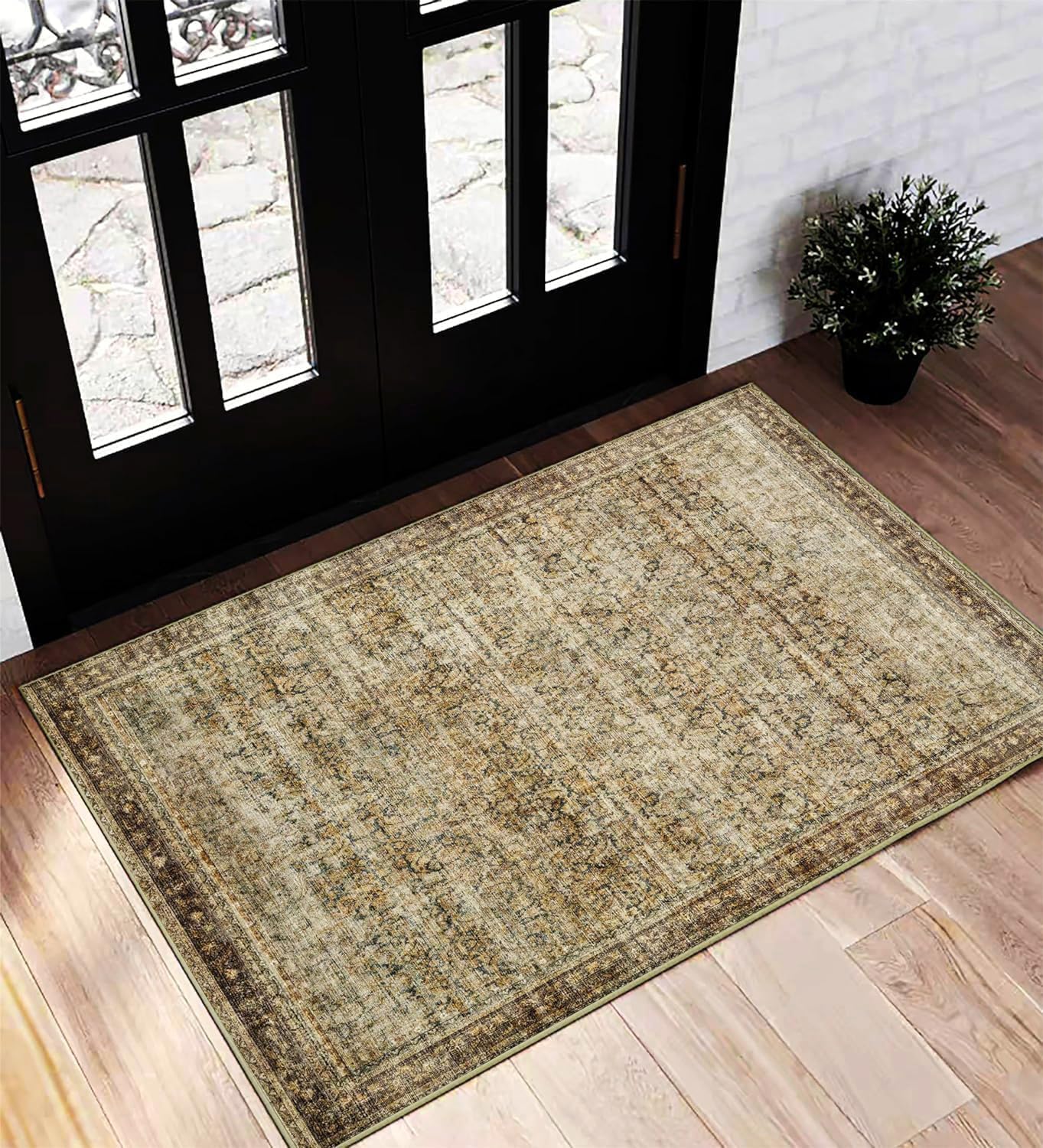 Area Rug 8x10 Washable Rug Brown Vintage Traditional Mat Distressed Indoor Foldable Thin Retro Accent Floral Non Slip Carpet Living Room Dining Room Office