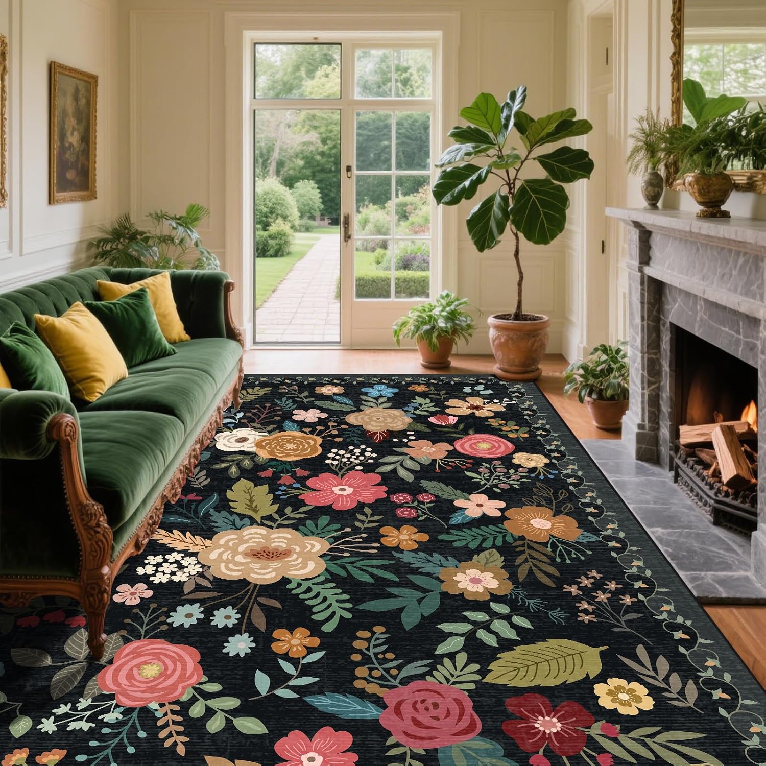 Vintage Beige Blue Living Room Rug, 8x10 Washable Area Rugs for Dining Room Under Table, Soft Low Pile Large Carpet Bedroom, Non-Slip Boho Floral (8 x 10 Beige Blue)