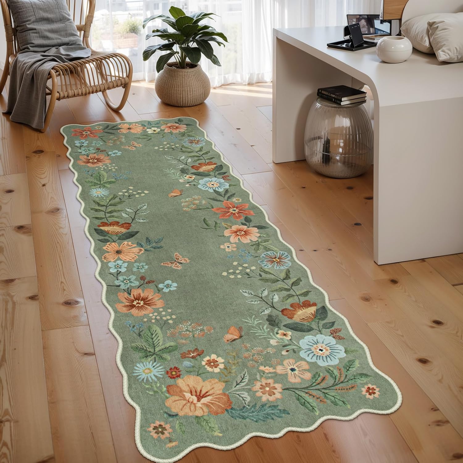 Lahome Floral Washable Rugs 8x10, Non-Slip Soft Green Rug Stain Resistant, Ultra-Thin 8x10 Rugs for Living Room Easy Clean Boho Accent Carpet for Dining Room Office(8x10ft,Green)