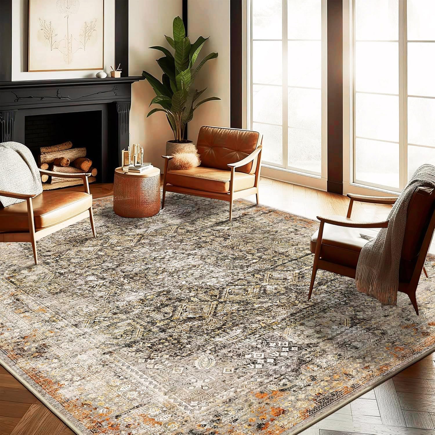 Area Rug 8x10 Washable Rug Brown Vintage Traditional Mat Distressed Indoor Foldable Thin Retro Accent Floral Non Slip Carpet Living Room Dining Room Office