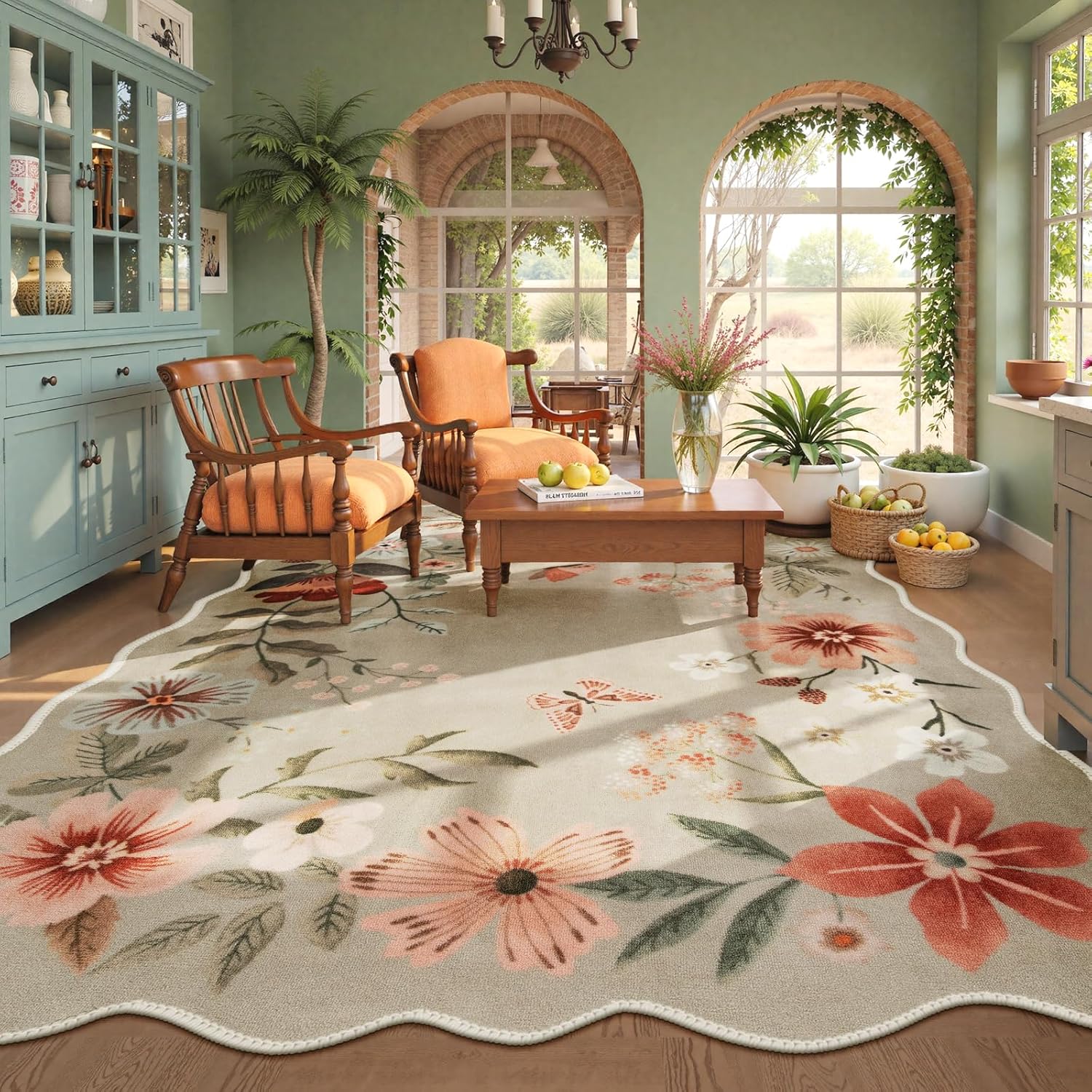 Lahome Floral Washable Rugs 8x10, Non-Slip Soft Green Rug Stain Resistant, Ultra-Thin 8x10 Rugs for Living Room Easy Clean Boho Accent Carpet for Dining Room Office(8x10ft,Green)