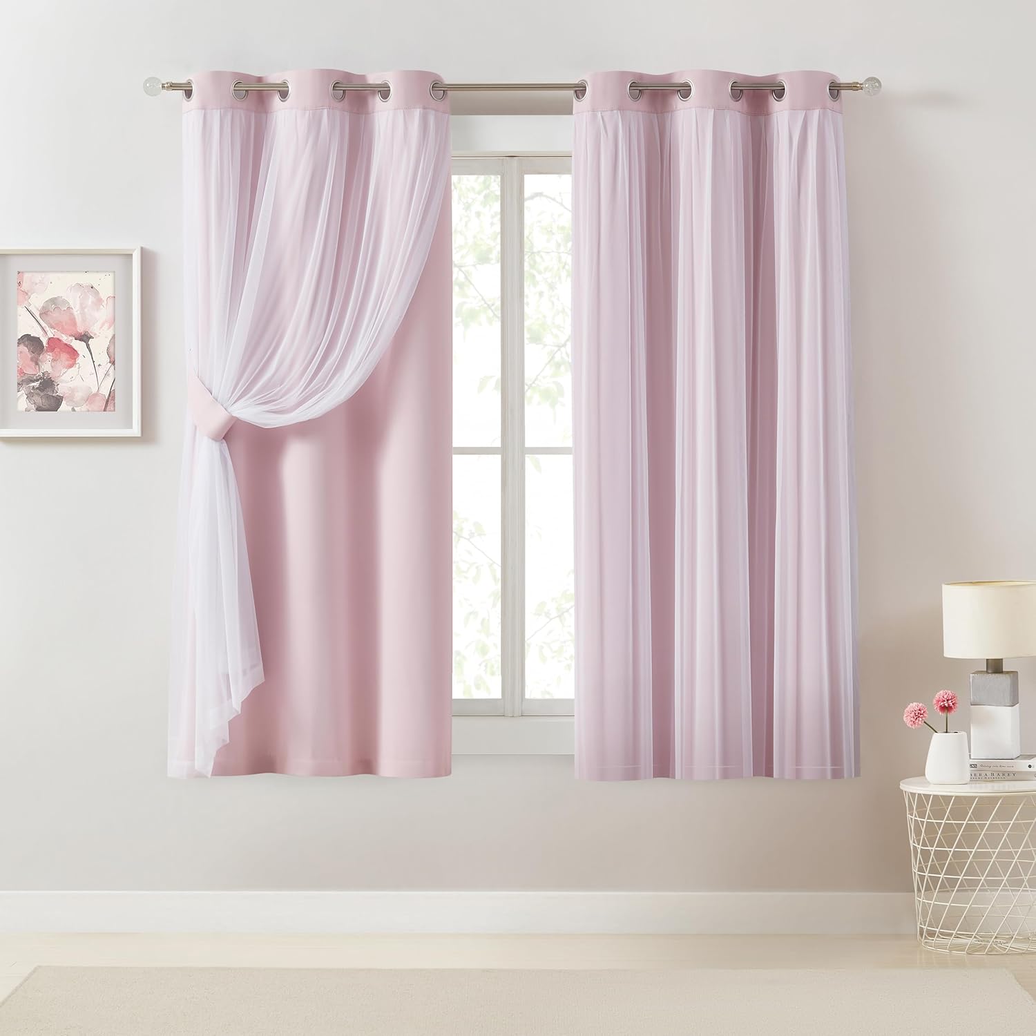 Bujasso Beige 90% Blackout Curtains with Sheer Overlay Mix and Match Double Layer Thermal Insulated Window Panels 84 inch for Living Room Bedroom Beige Drapes with Tiebacks Grommet Top 37" Wx84 Lx2