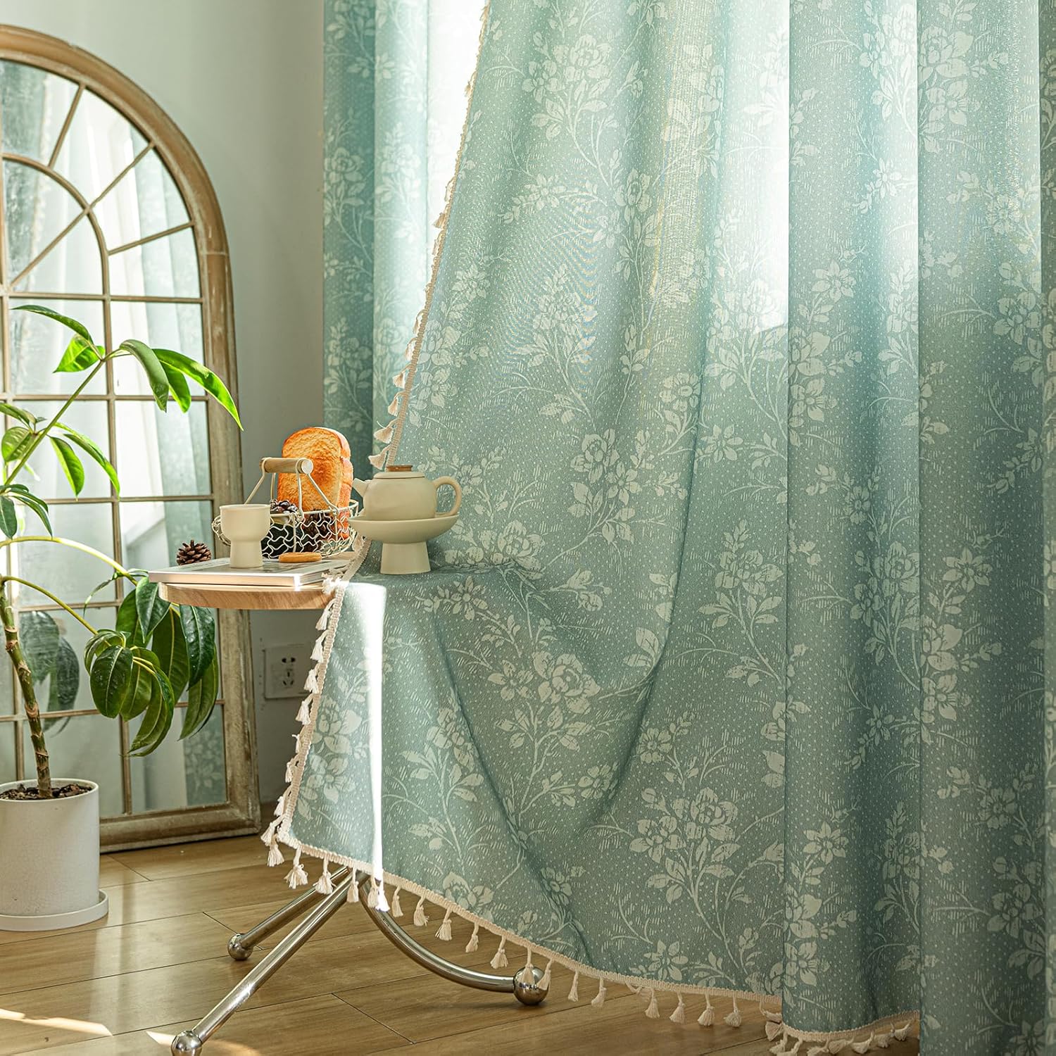 ENJOYBRIDAL Floral Bedroom Curtains 84 Inch Length 2 Panels Set Farmhouse Semi Sheer Living Room Drapes Cotton Linen Blend Bohemian Window Curtain Panels with Tassel Beige Rod Pocket Drapes