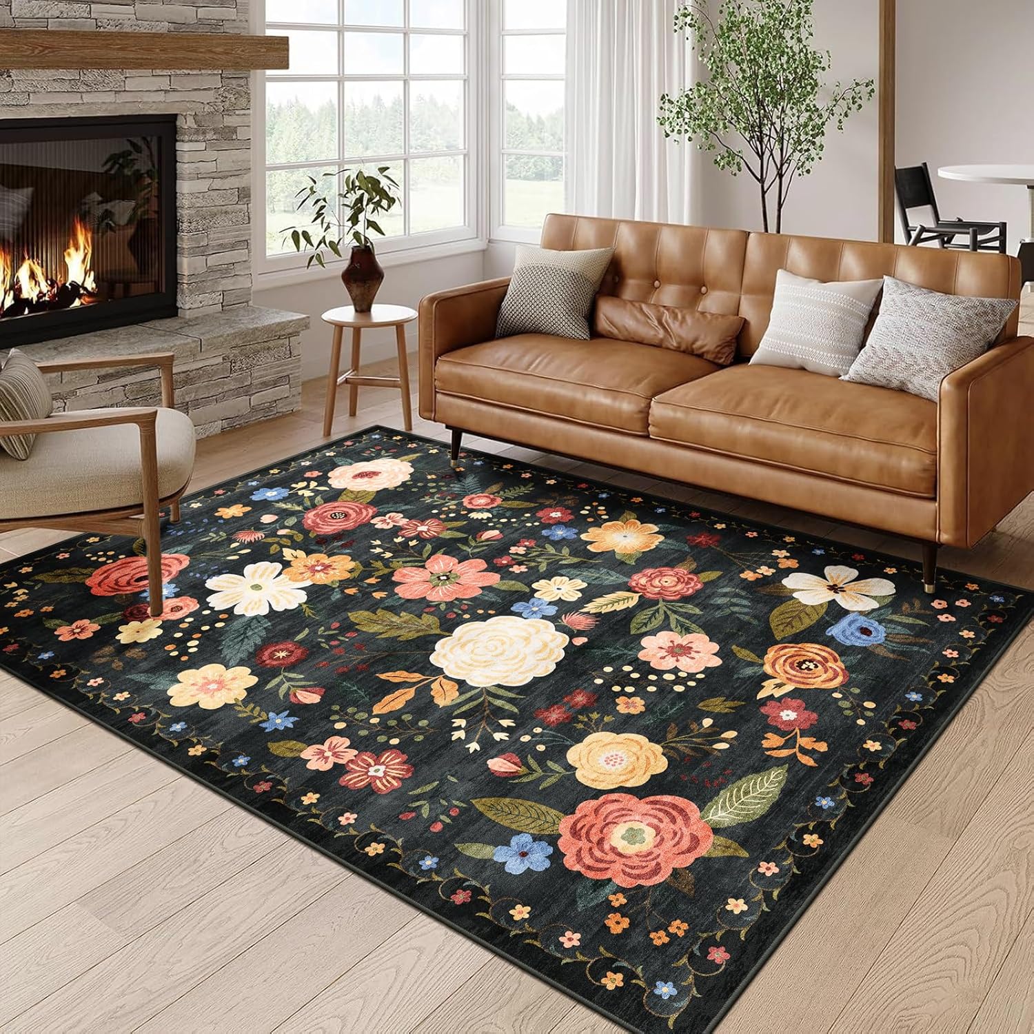 8x10 Washable Area Rug for Living Room, Floral Non-Slip Non-Shedding & Easy Care, Large Soft Low Pile Indoor Floor Carpet for Living Room, Bedroom, Farmhouse, Dining Room, Kids Playroom, Pink