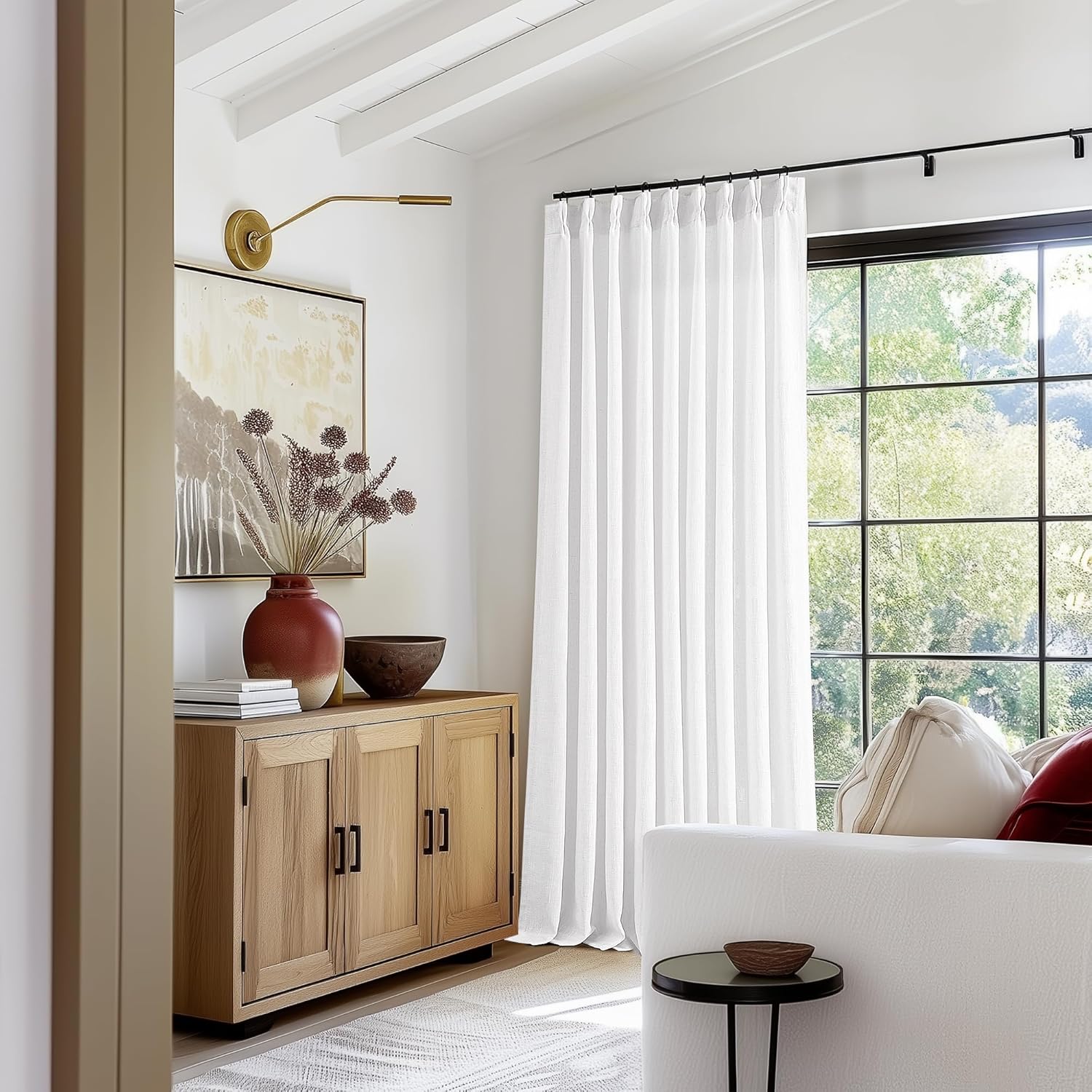 Natural Pinch Pleated Linen Curtains 84 Inch Length 2 Panels for Living Room Bedroom Textured Cream Ivory Birch Semi Sheer Boho Neutral Back Tab Pinch Pleat Hooks Rings Window Curtain 84 Inches Long