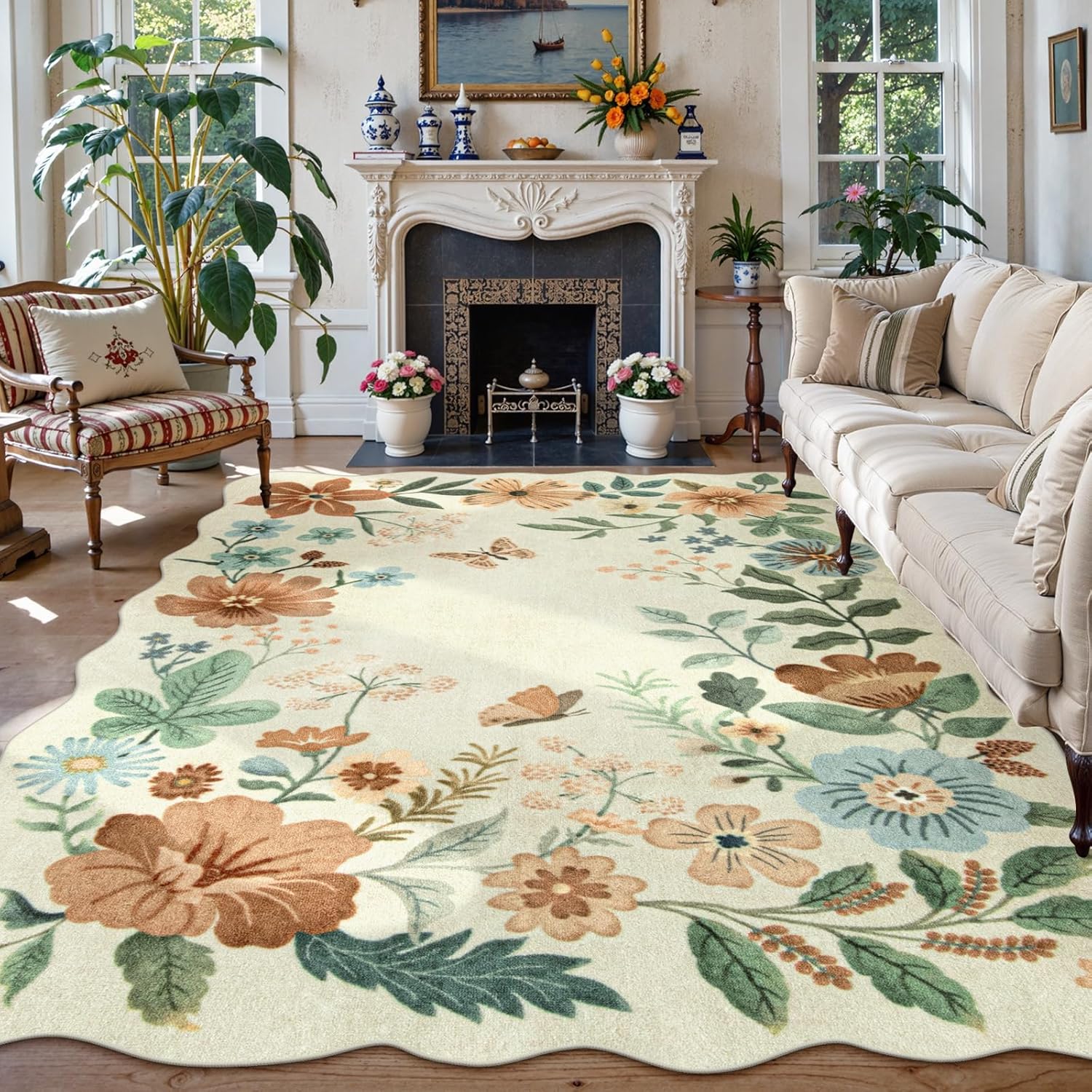 Lahome Floral Washable Rugs 8x10, Non-Slip Soft Green Rug Stain Resistant, Ultra-Thin 8x10 Rugs for Living Room Easy Clean Boho Accent Carpet for Dining Room Office(8x10ft,Green)