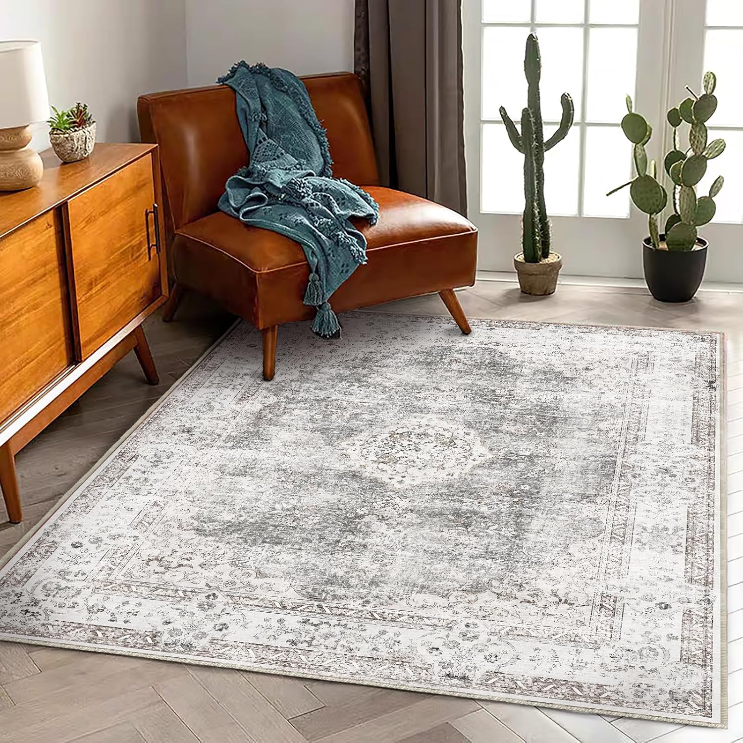 Area Rug 8x10 Washable Rug Brown Vintage Traditional Mat Distressed Indoor Foldable Thin Retro Accent Floral Non Slip Carpet Living Room Dining Room Office