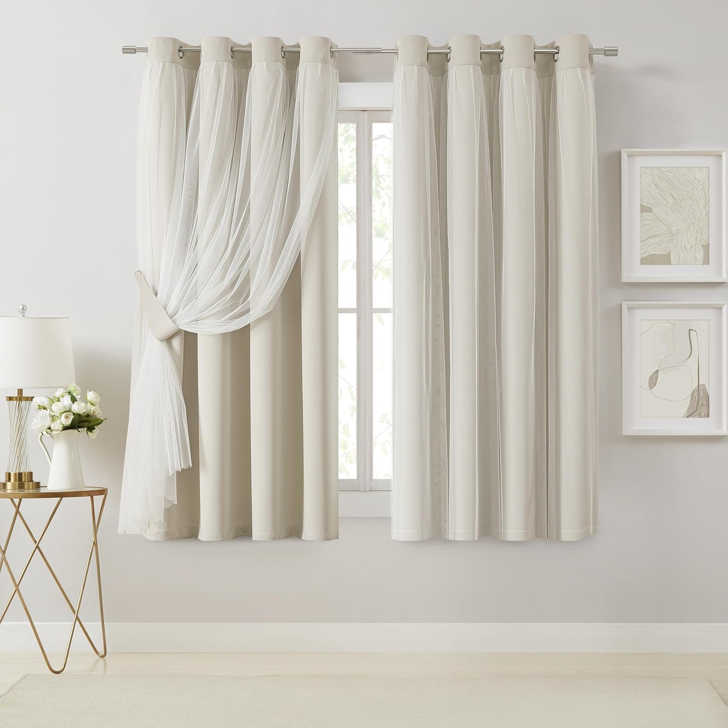Bujasso Beige 90% Blackout Curtains with Sheer Overlay Mix and Match Double Layer Thermal Insulated Window Panels 84 inch for Living Room Bedroom Beige Drapes with Tiebacks Grommet Top 37" Wx84 Lx2