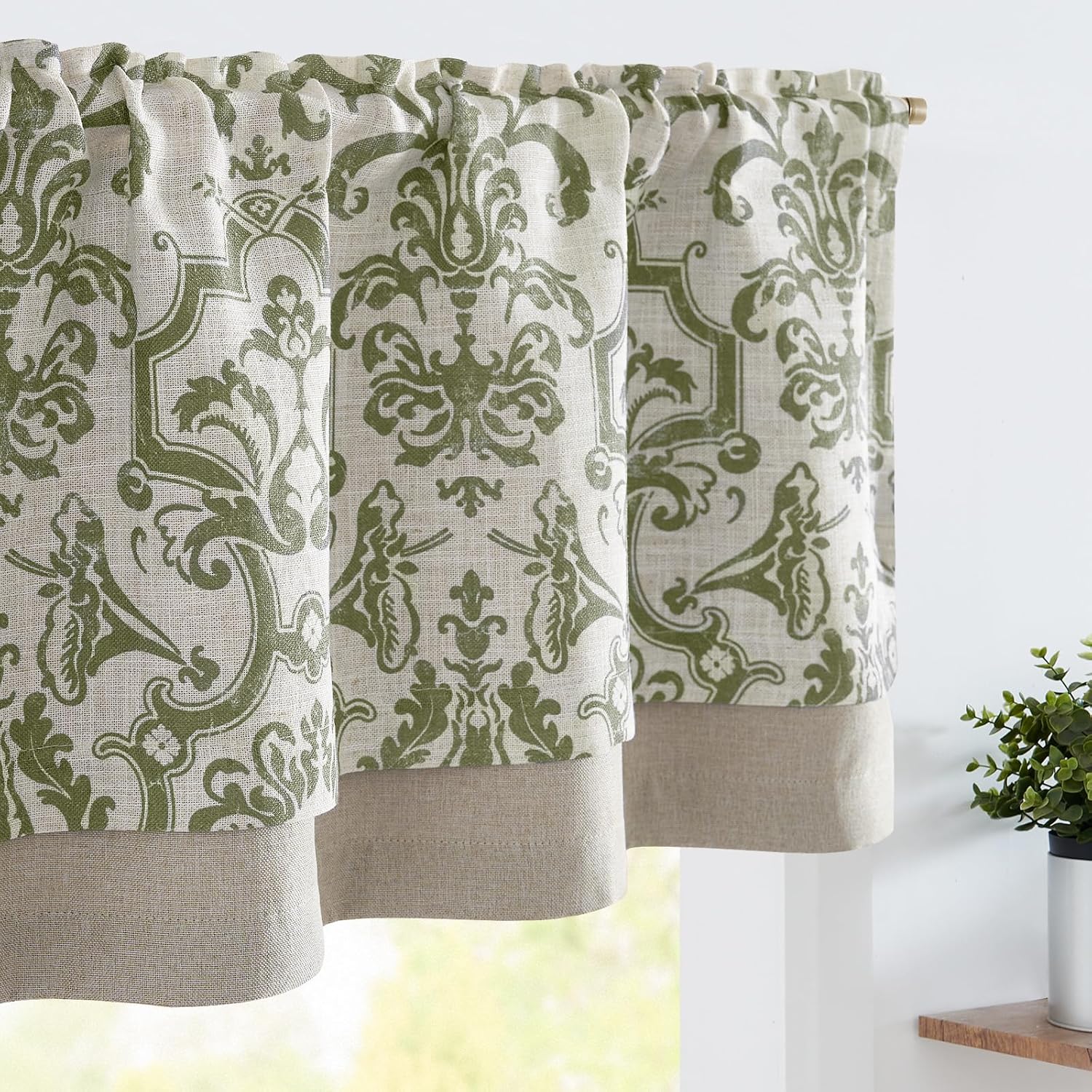 jinchan Linen Valance Kitchen Curtain for Windows Double Layer 16 Inch for Living Room Bedroom Christmas Decorations Blackout Vintage Rustic Farmhouse Cottagecore Rod Pocket 1 Panel Green on Beige