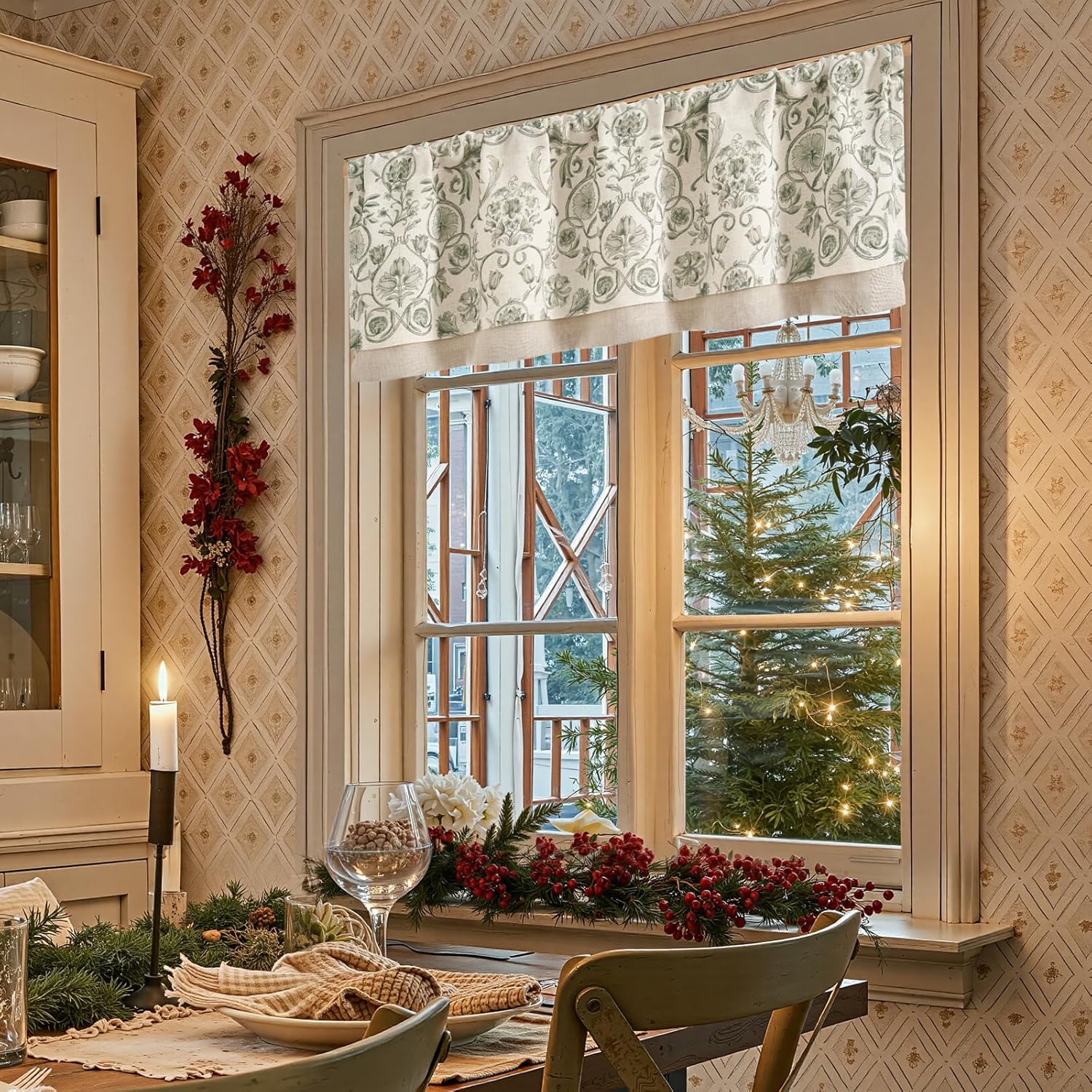 jinchan Linen Valance Kitchen Curtain for Windows Double Layer 16 Inch for Living Room Bedroom Christmas Decorations Blackout Vintage Rustic Farmhouse Cottagecore Rod Pocket 1 Panel Green on Beige