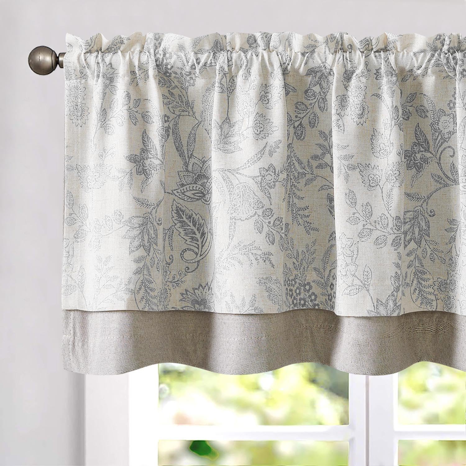 JINCHAN Linen Valance Kitchen Curtain for Windows Double Layer 16 Inch for Living Room Bedroom Bathroom Window Treatment Blackout Vintage Rustic Farmhouse Cottagecore Rod Pocket 1 Panel Taupe on Beige
