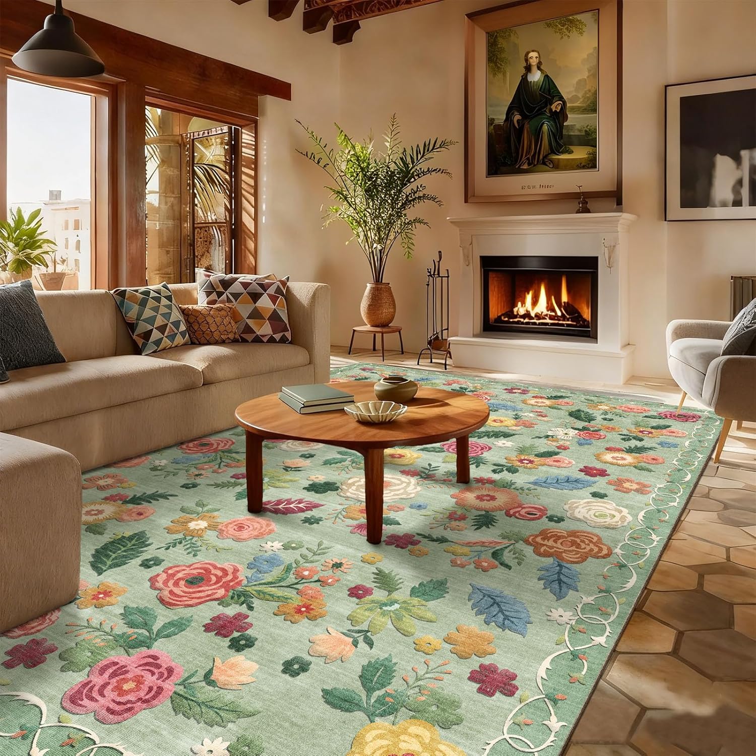 8x10 Area Rugs for Living Room: Washable Rug Stain Resistant Distressed Vintage Floral Rug Non Slip Low Pile Faux Wool Soft Large Area Rugs for Bedroom Bedside Farmhouse Dining Room Kids Nursery