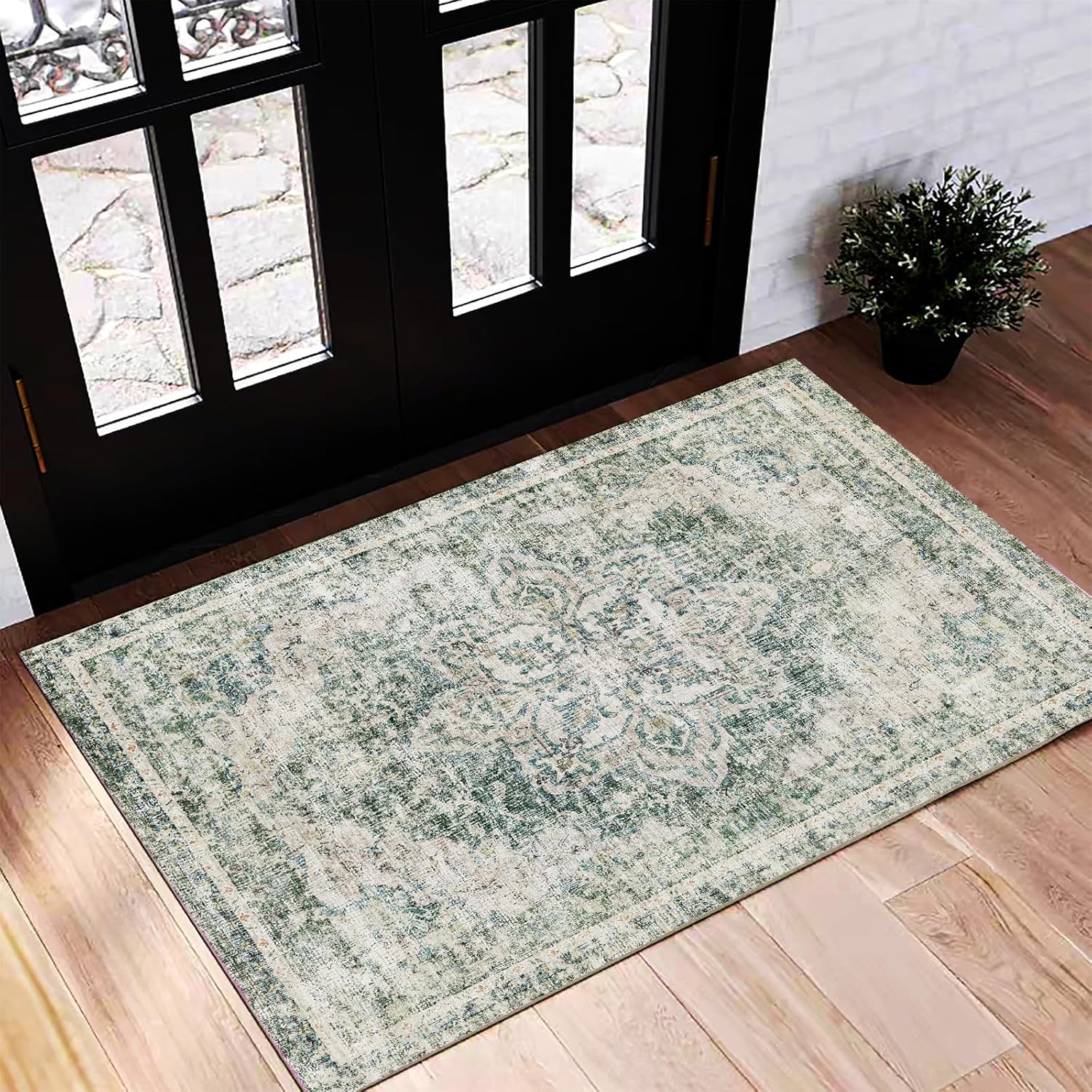 Area Rug 8x10 Washable Rug Brown Vintage Traditional Mat Distressed Indoor Foldable Thin Retro Accent Floral Non Slip Carpet Living Room Dining Room Office