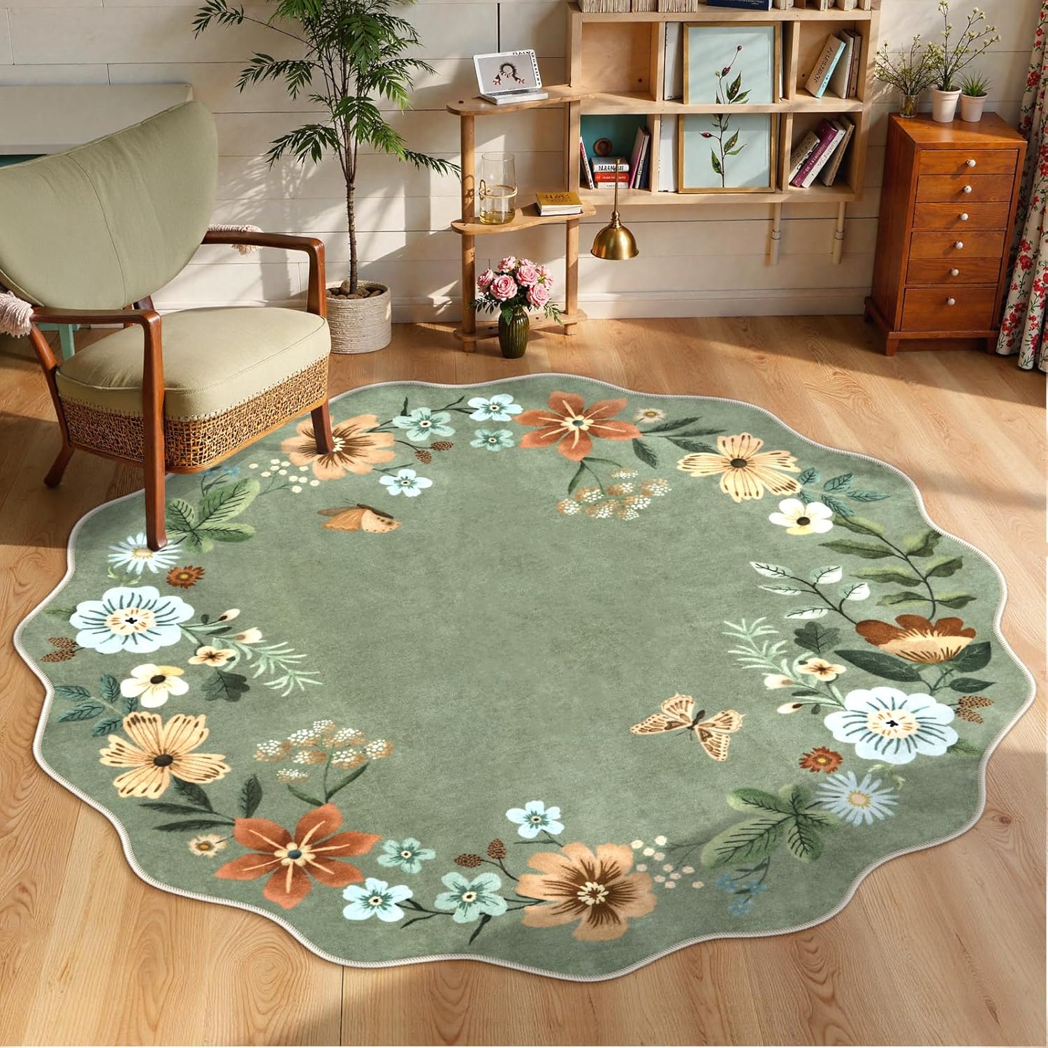 Lahome Floral Washable Rugs 8x10, Non-Slip Soft Green Rug Stain Resistant, Ultra-Thin 8x10 Rugs for Living Room Easy Clean Boho Accent Carpet for Dining Room Office(8x10ft,Green)