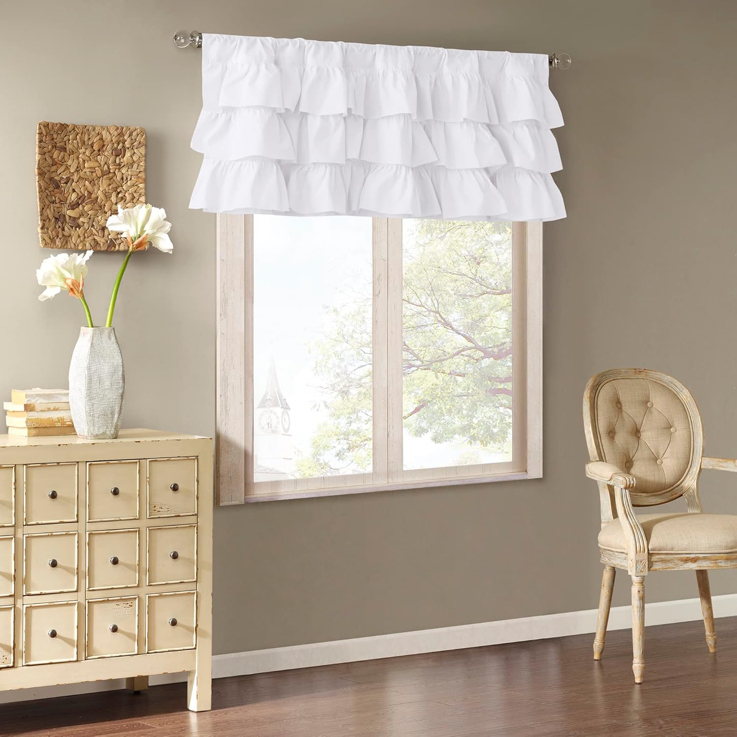 Madison Park Anna Oversized Ruffle Rod Pocket Valance , Classic Vintage Cotton Valances for Window , 50X18" , White