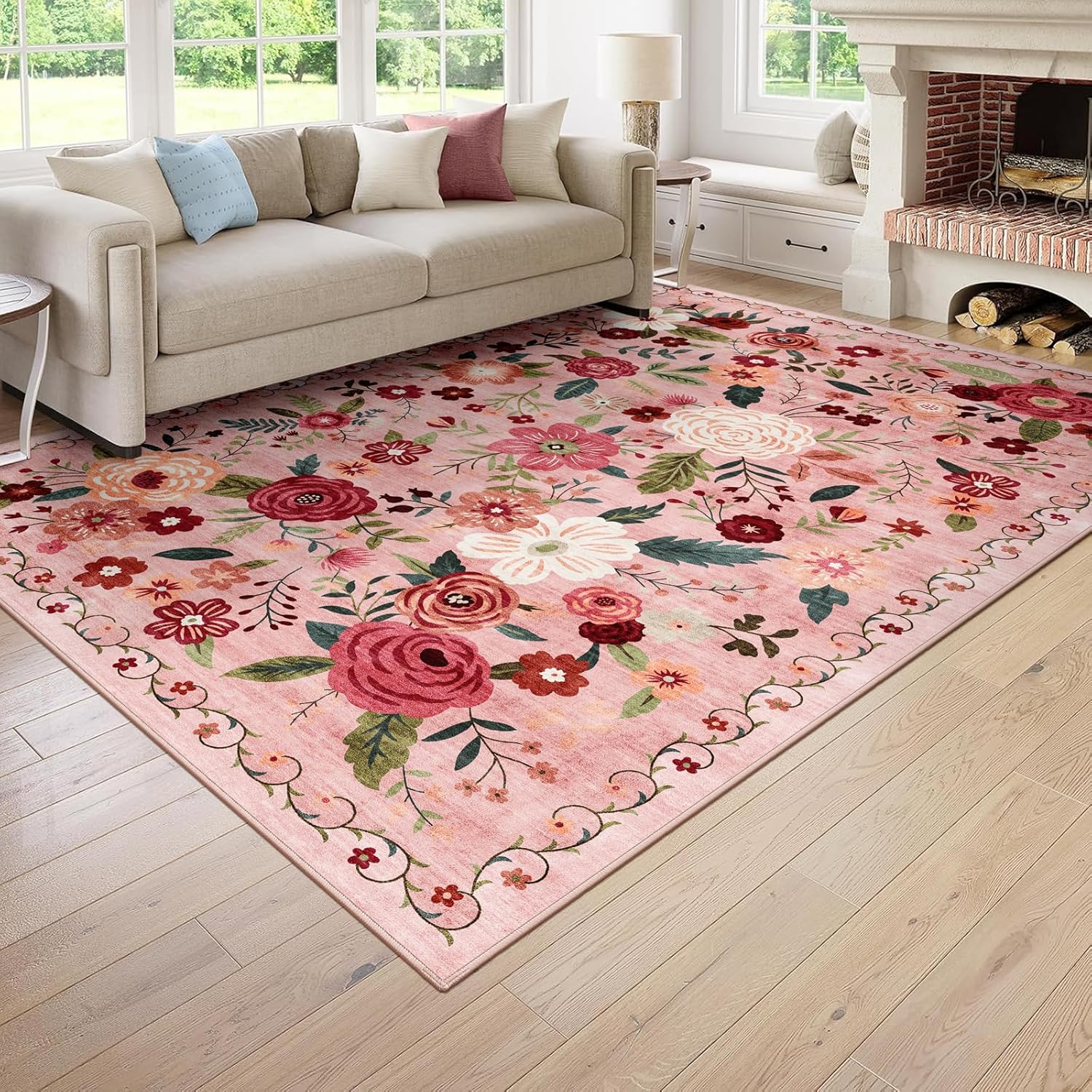 8x10 Washable Area Rug for Living Room, Floral Non-Slip Non-Shedding & Easy Care, Large Soft Low Pile Indoor Floor Carpet for Living Room, Bedroom, Farmhouse, Dining Room, Kids Playroom, Pink