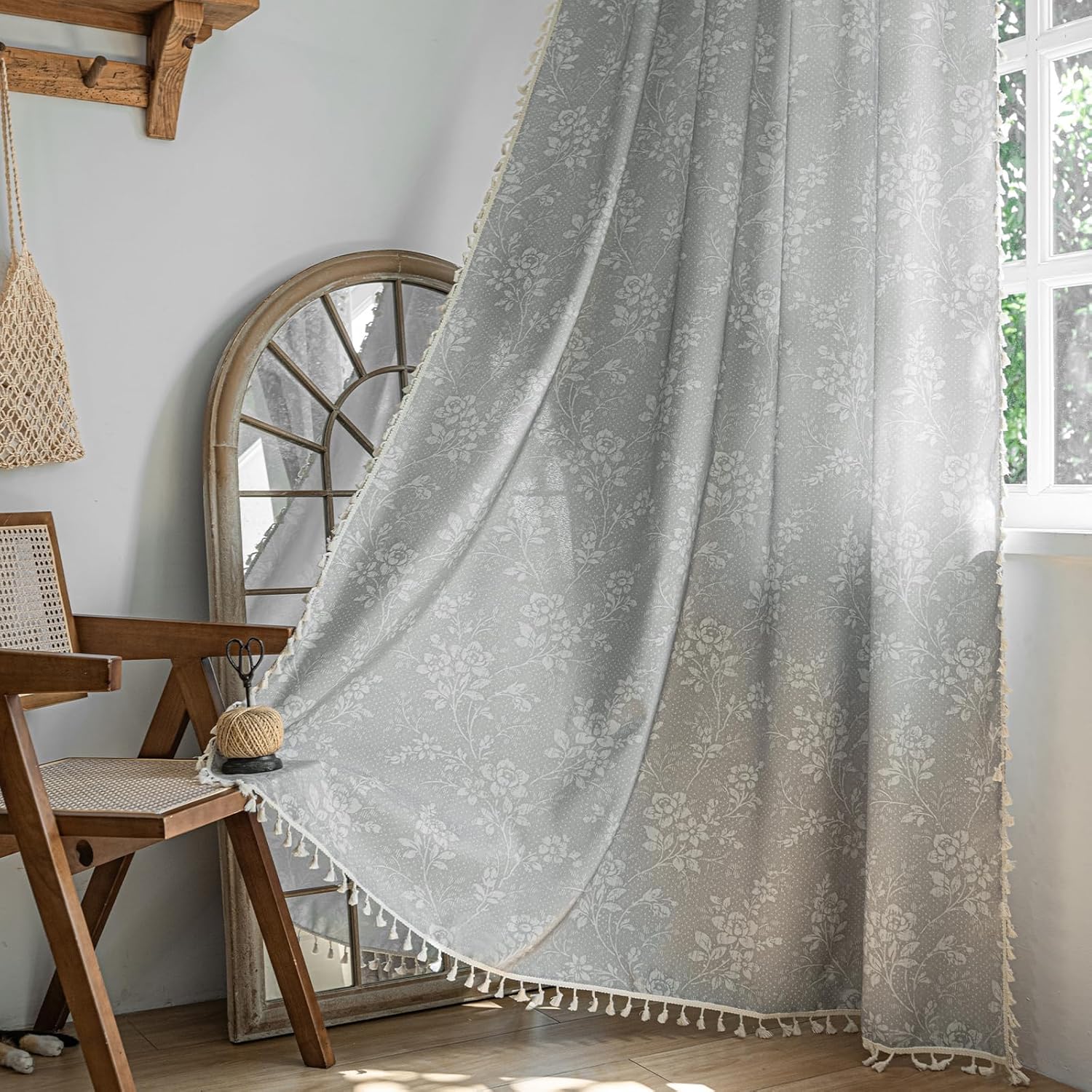 ENJOYBRIDAL Floral Bedroom Curtains 84 Inch Length 2 Panels Set Farmhouse Semi Sheer Living Room Drapes Cotton Linen Blend Bohemian Window Curtain Panels with Tassel Beige Rod Pocket Drapes