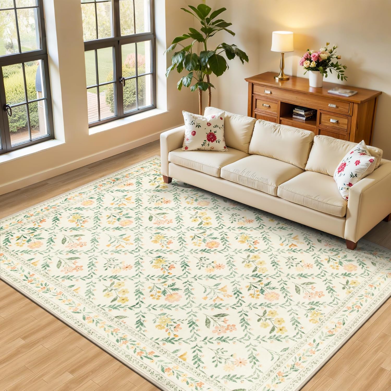 8x10 Area Rugs for Living Room: Floral Washable Rug Vintage Large Soft Boho Non-Slip Carpet Indoor Floor Stain Resistant Carpets for Bedroom Dining Room Farmhouse Nursery Home Office Beige/Multi