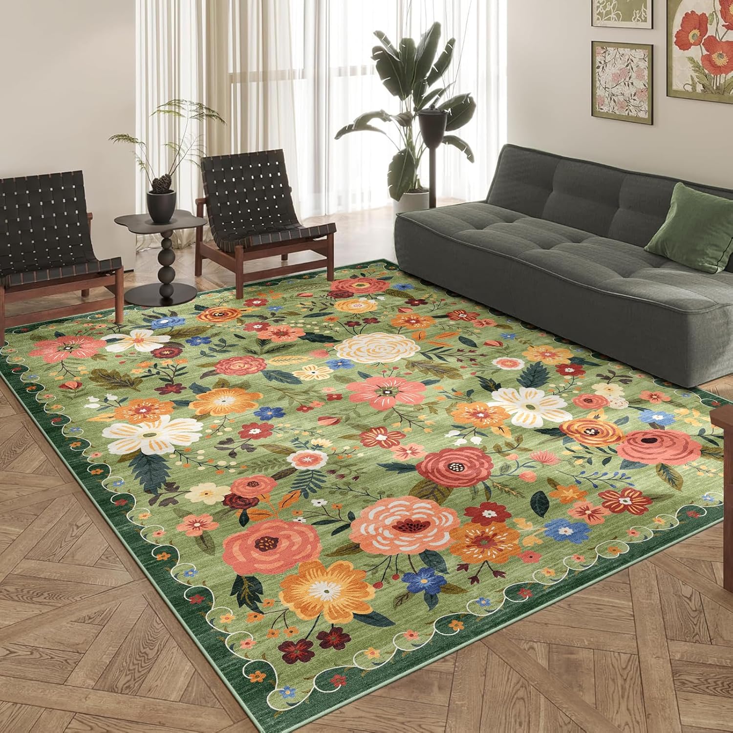 8x10 Washable Area Rug for Living Room, Floral Non-Slip Non-Shedding & Easy Care, Large Soft Low Pile Indoor Floor Carpet for Living Room, Bedroom, Farmhouse, Dining Room, Kids Playroom, Pink