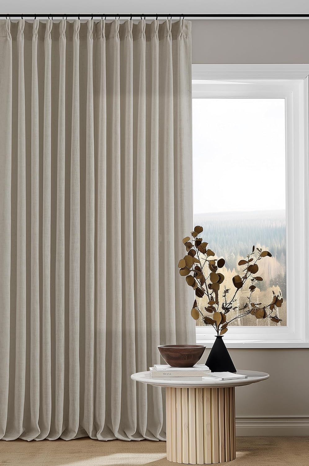 Natural Pinch Pleated Linen Curtains 84 Inch Length 2 Panels for Living Room Bedroom Textured Cream Ivory Birch Semi Sheer Boho Neutral Back Tab Pinch Pleat Hooks Rings Window Curtain 84 Inches Long