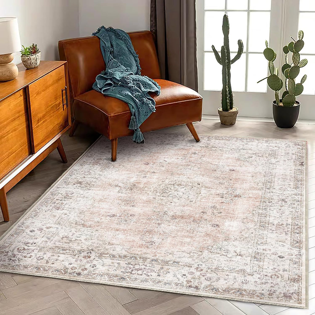 Area Rug 8x10 Washable Rug Brown Vintage Traditional Mat Distressed Indoor Foldable Thin Retro Accent Floral Non Slip Carpet Living Room Dining Room Office