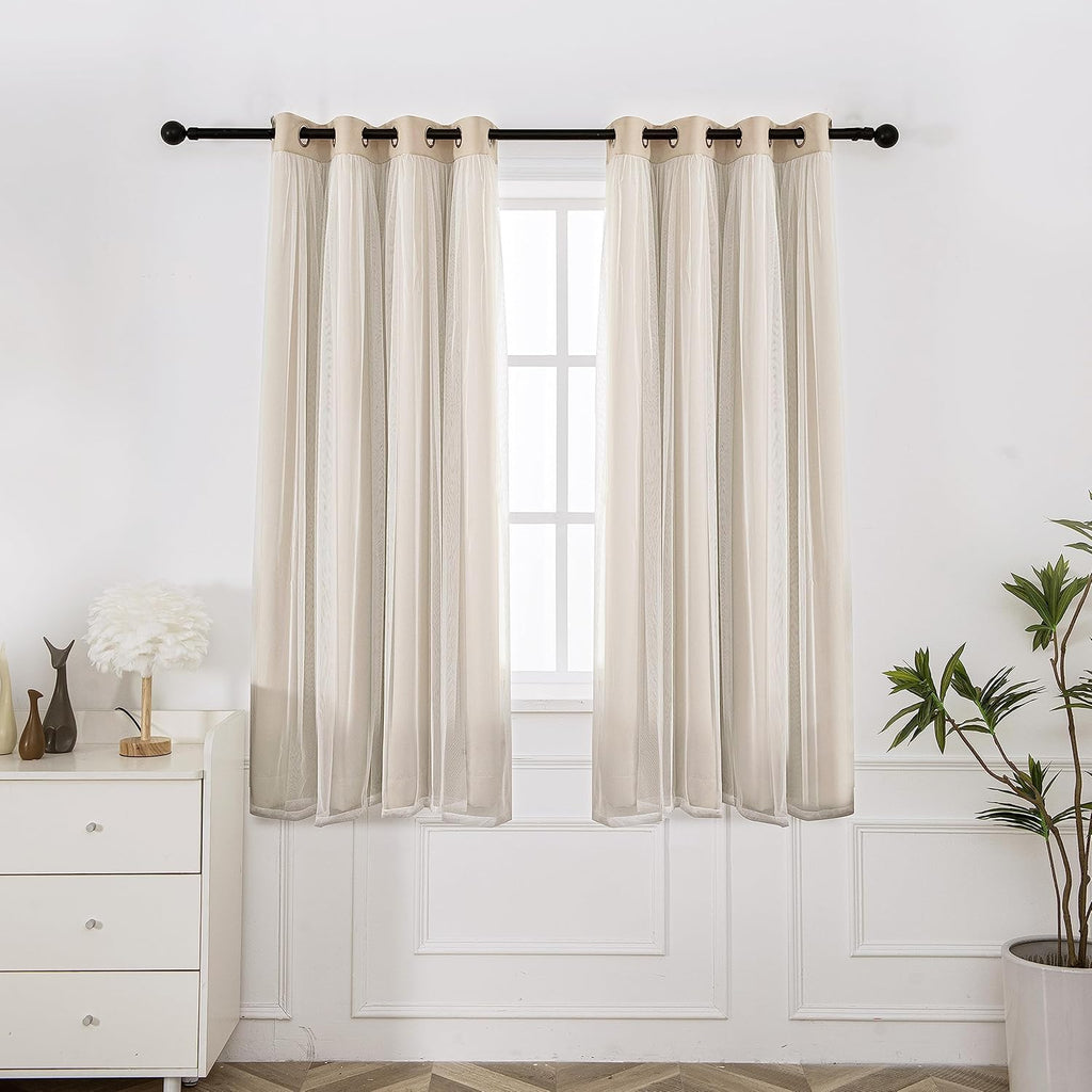 INLINAS Beige Blackout Curtains with Sheer Overlay - Grommet Top Thermal and Noise Reduction Panels for Bedroom and Living Room Light Blocking and Energy Saving, 52 x 84 Inches, Set of 2