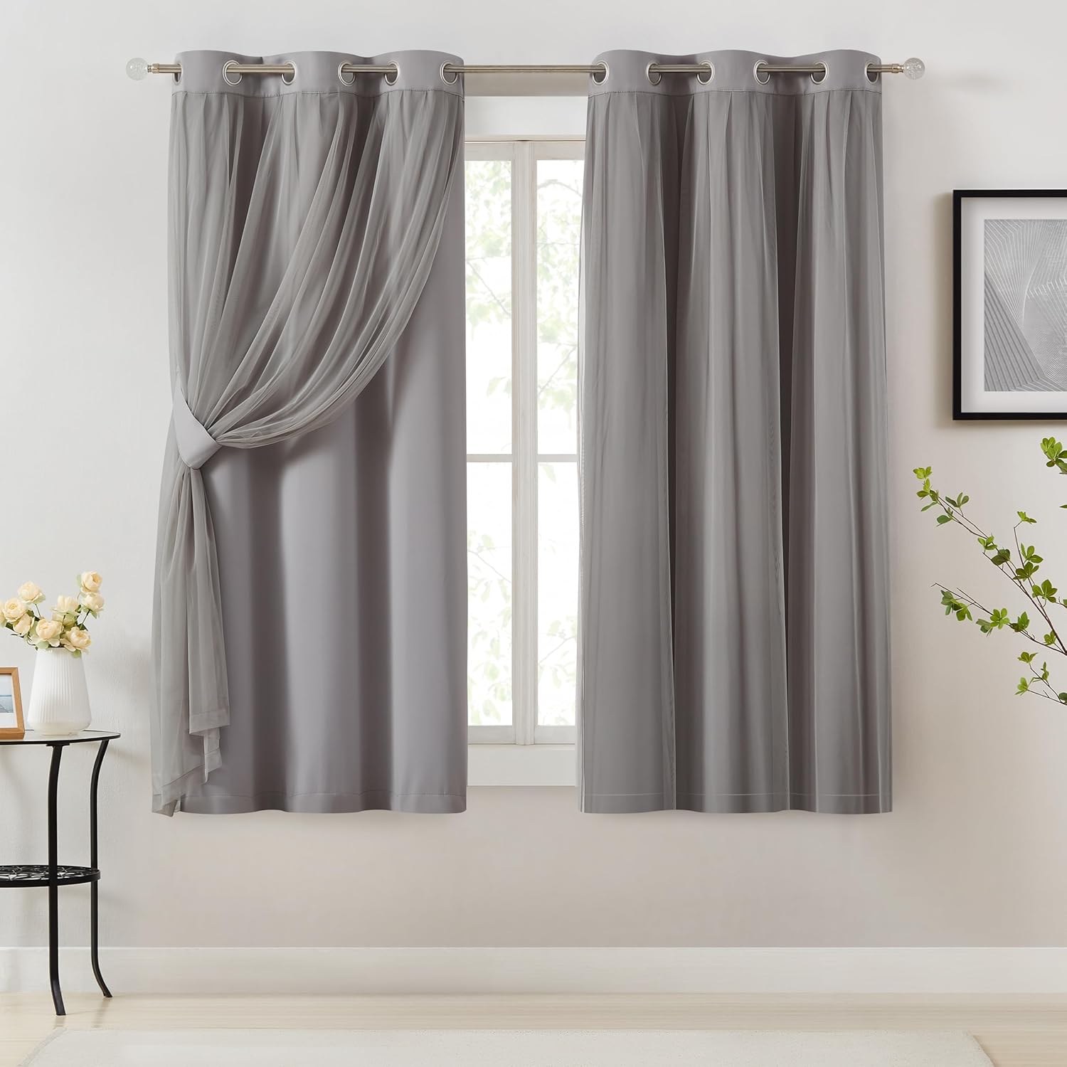 Bujasso Beige 90% Blackout Curtains with Sheer Overlay Mix and Match Double Layer Thermal Insulated Window Panels 84 inch for Living Room Bedroom Beige Drapes with Tiebacks Grommet Top 37" Wx84 Lx2