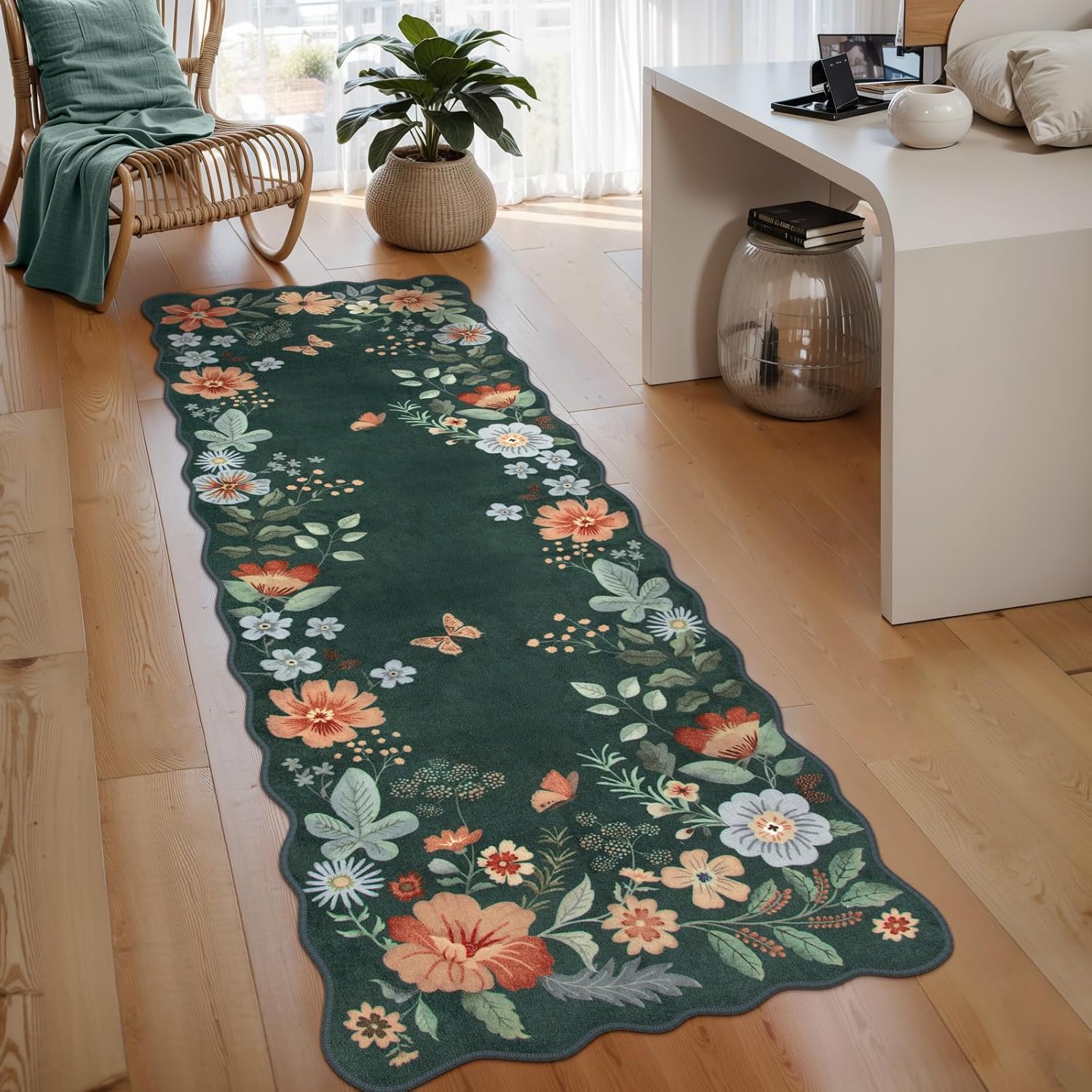 Lahome Floral Washable Rugs 8x10, Non-Slip Soft Green Rug Stain Resistant, Ultra-Thin 8x10 Rugs for Living Room Easy Clean Boho Accent Carpet for Dining Room Office(8x10ft,Green)