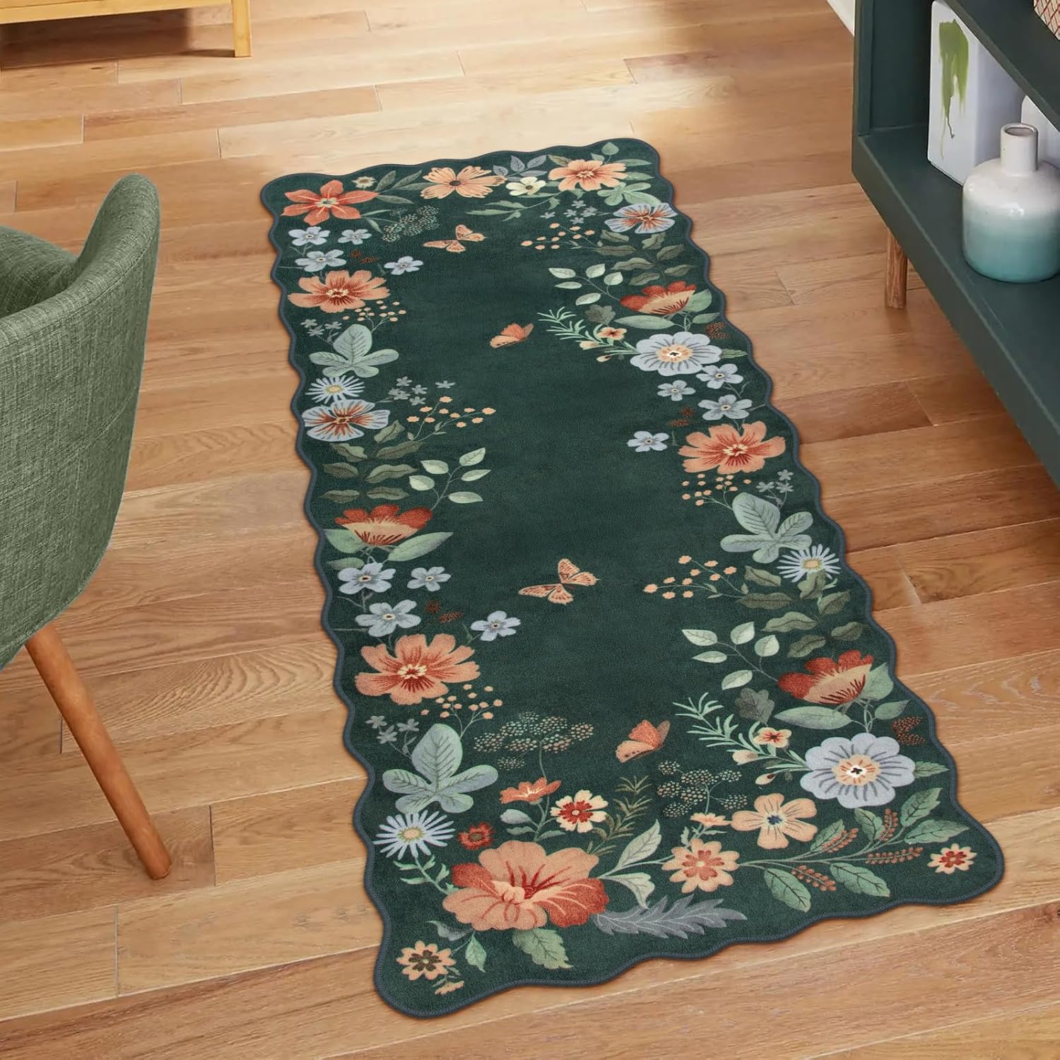 Lahome Floral Washable Rugs 8x10, Non-Slip Soft Green Rug Stain Resistant, Ultra-Thin 8x10 Rugs for Living Room Easy Clean Boho Accent Carpet for Dining Room Office(8x10ft,Green)