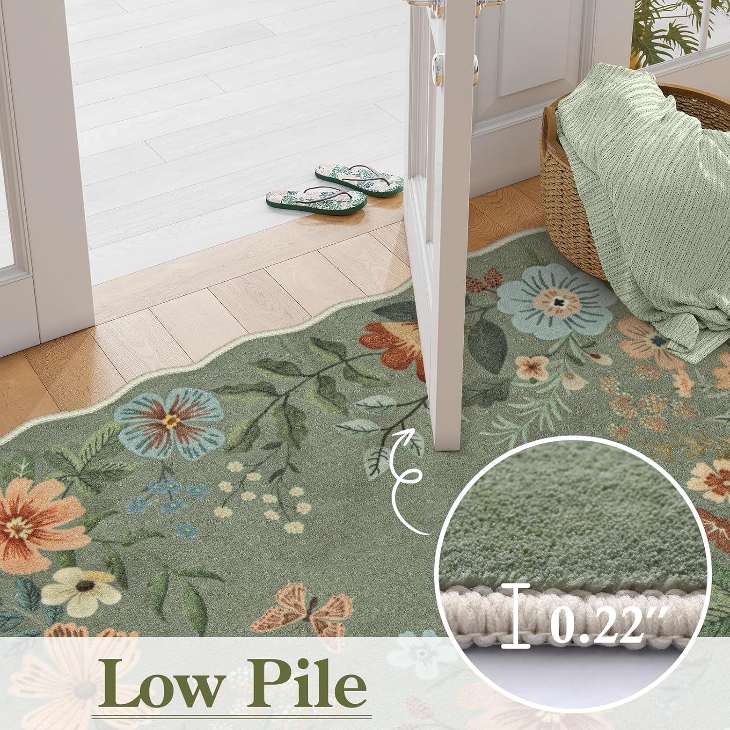 Lahome Floral Washable Rugs 8x10, Non-Slip Soft Green Rug Stain Resistant, Ultra-Thin 8x10 Rugs for Living Room Easy Clean Boho Accent Carpet for Dining Room Office(8x10ft,Green)