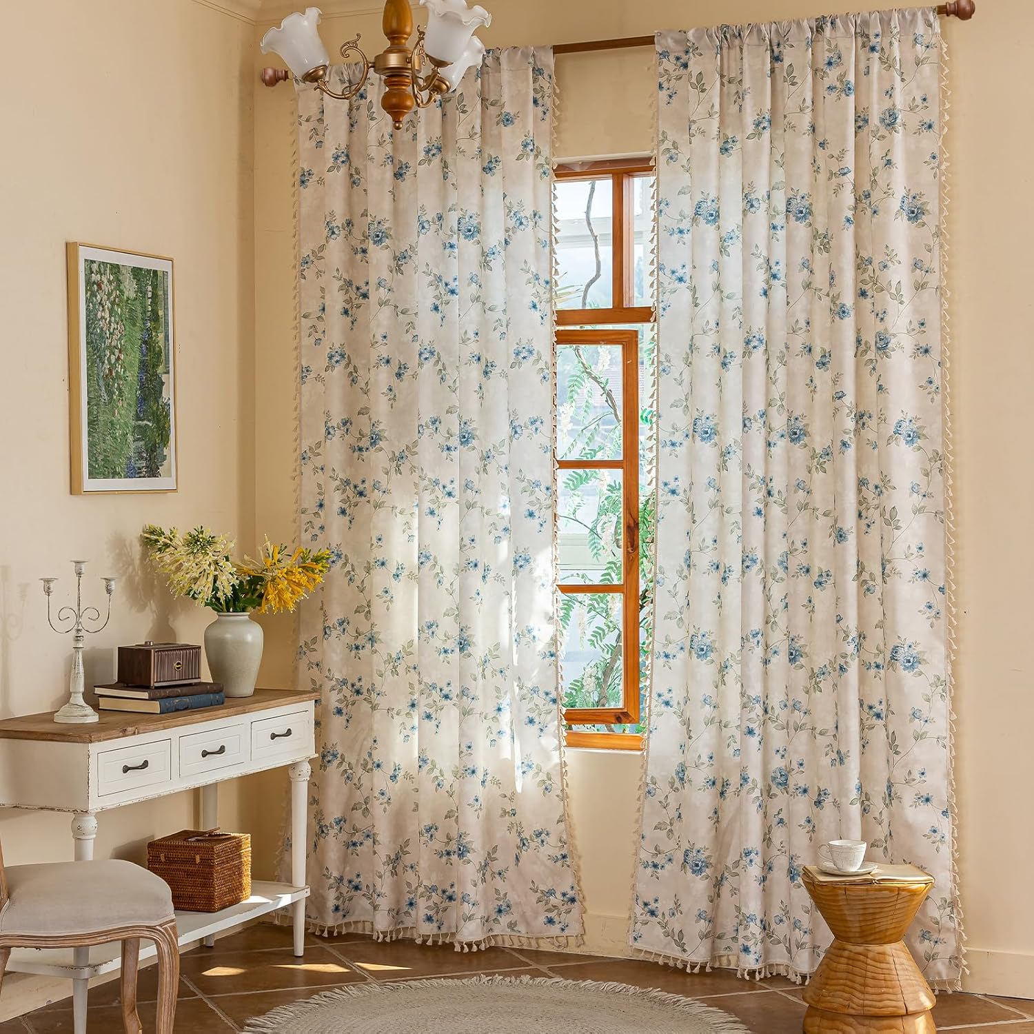 ENJOYBRIDAL Floral Bedroom Curtains 84 Inch Length 2 Panels Set Farmhouse Semi Sheer Living Room Drapes Cotton Linen Blend Bohemian Window Curtain Panels with Tassel Beige Rod Pocket Drapes