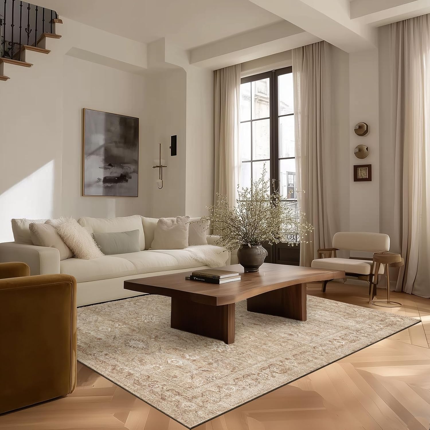 8x10 Area Rugs for Living Room: Washable Rug Stain Resistant Distressed Vintage Floral Rug Non Slip Low Pile Faux Wool Soft Large Area Rugs for Bedroom Bedside Farmhouse Dining Room Kids Nursery