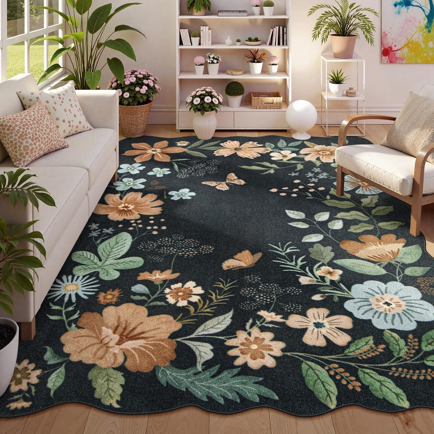 Lahome Floral Washable Rugs 8x10, Non-Slip Soft Green Rug Stain Resistant, Ultra-Thin 8x10 Rugs for Living Room Easy Clean Boho Accent Carpet for Dining Room Office(8x10ft,Green)