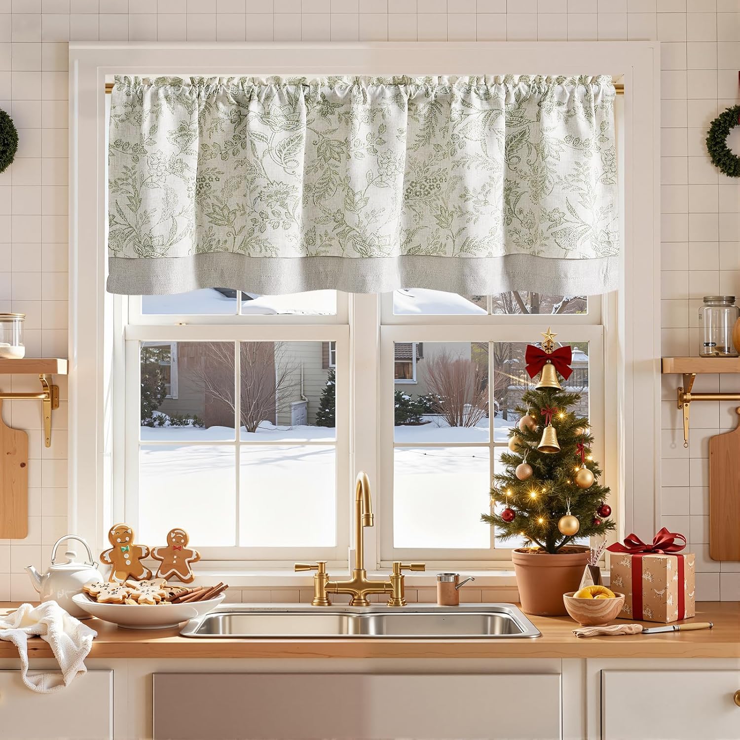 jinchan Linen Valance Kitchen Curtain for Windows Double Layer 16 Inch for Living Room Bedroom Christmas Decorations Blackout Vintage Rustic Farmhouse Cottagecore Rod Pocket 1 Panel Green on Beige