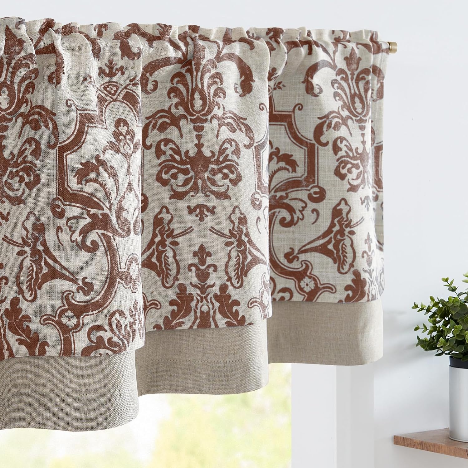 JINCHAN Linen Valance Kitchen Curtain for Windows Double Layer 16 Inch for Living Room Bedroom Bathroom Window Treatment Blackout Vintage Rustic Farmhouse Cottagecore Rod Pocket 1 Panel Taupe on Beige